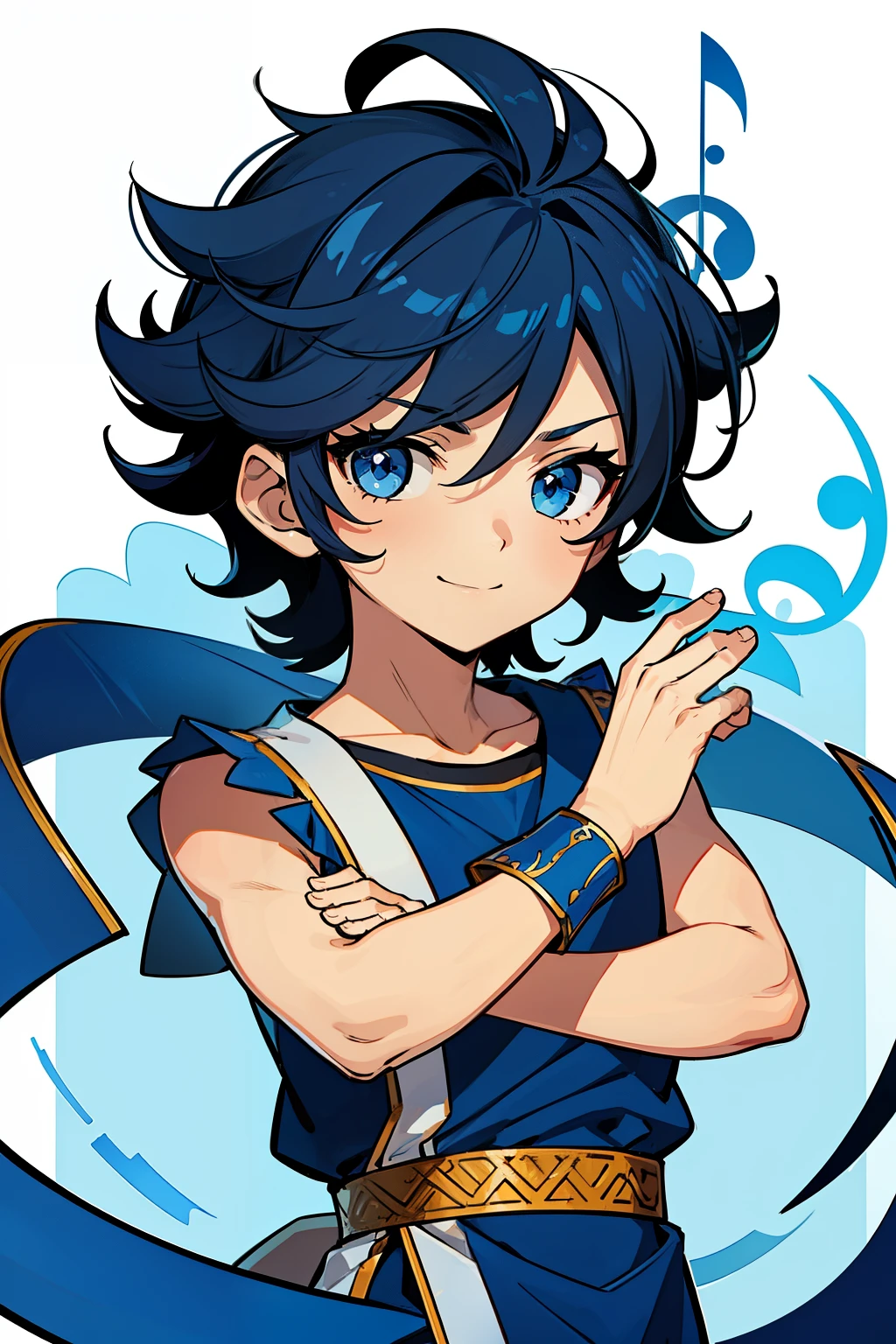 (high-quality, breathtaking),(expressive eyes, perfect face) 1boy, boy, solo, , age 6ars ollue hair, blue coloured eyes, stylised hair, gentle smile, medium length hair, loose hair, side bangs, curley hair, really spiky hair, looking at viewer, portrait, ancient greek clothes, blue black and white tunic, white Chlamys, sleeveless, greek, blue and gold sash, music inspired background, related to Orpheus, hair accessory blue, 36½ inches tall, chibi art style
