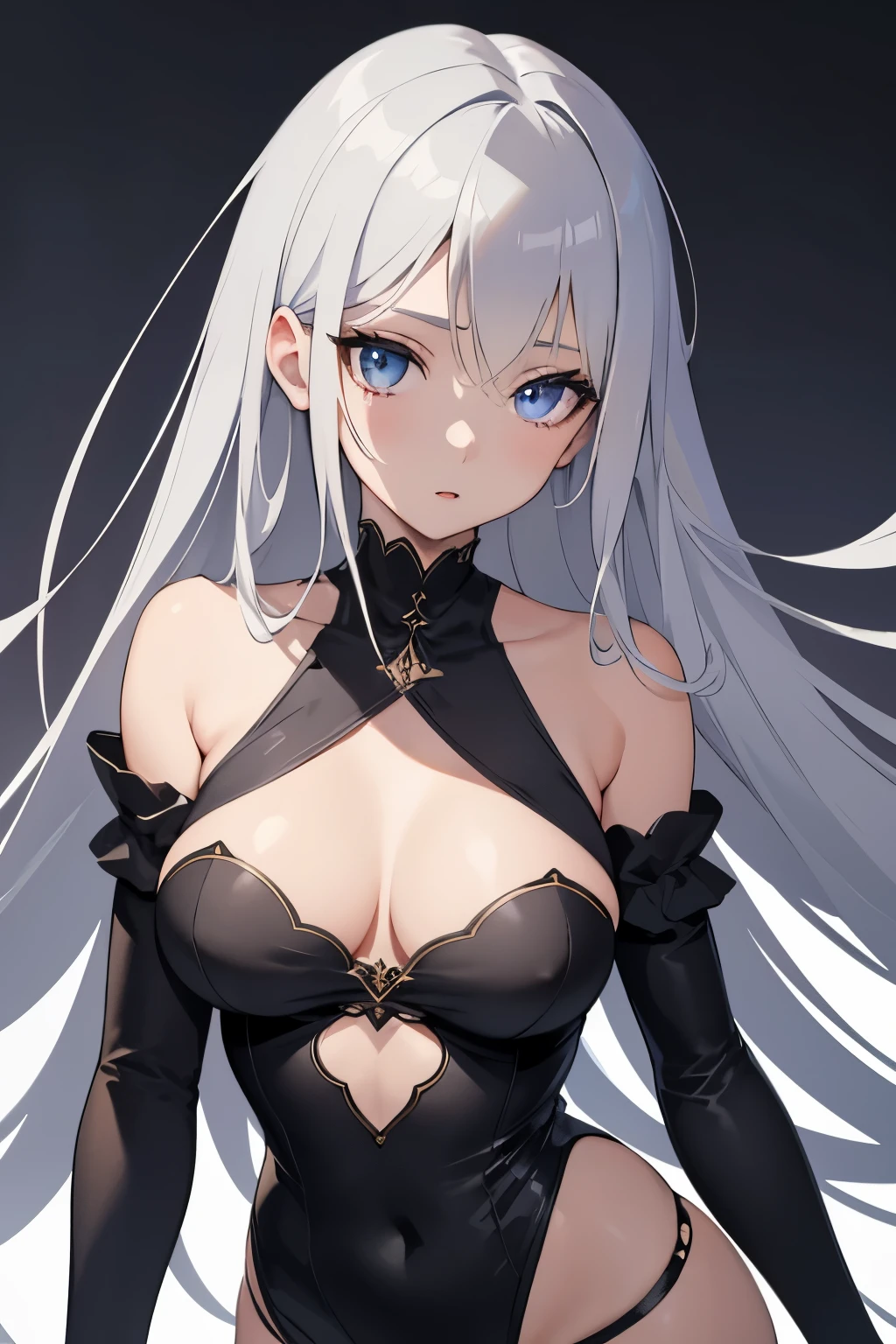 1girl, anime, cute girl, blank background, white background, fantasy, detailed dark fantasy dress with highlights, beautiful face, beautiful eyes, dark colors, silver hair, slightly small breasts, slight cleavage, beautiful skin, cute, breast curtains, extremely delicate and beautiful, (beautiful detailed face:1.0), (detailed deep eyes), symmetrical breasts, deep eyes, shiny skin, portrait, slender waist, hips wider than shoulders, thighs, young girl, expressionless