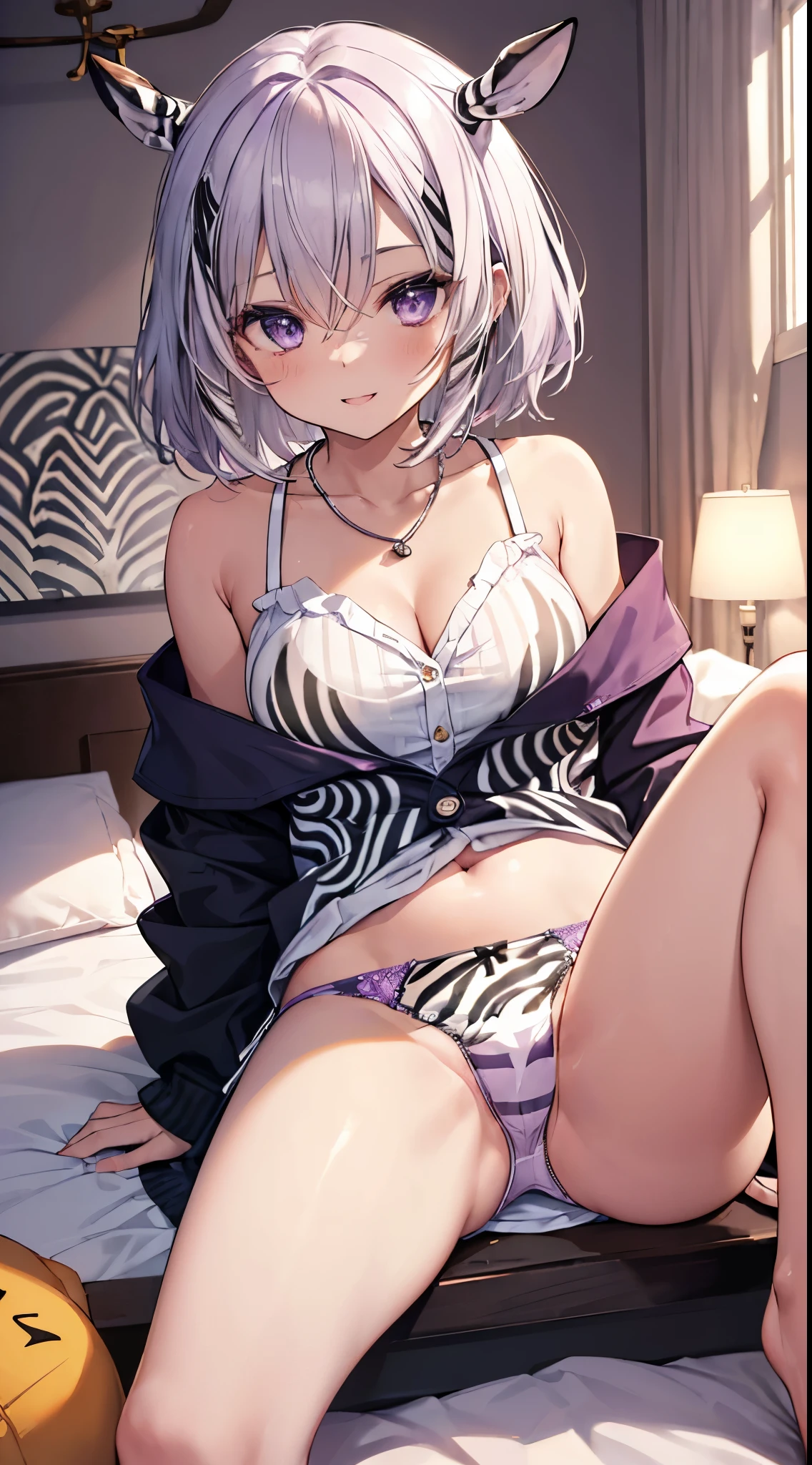 (8K、Top image quality、top-quality、​masterpiece)、A detailed face、1 girl in、Light purple hair、short-hair、Purple eyes、piercings、((Brown skin))、((skin tanned))、evil smile、((white  shirt))、a necklace、((Removed button))、cleavage、Black miniskirt、sit on a bed、((open your legs))、((light purple panties:))、((zebra pattern panties:1.5))、Taken from below、bedroom background