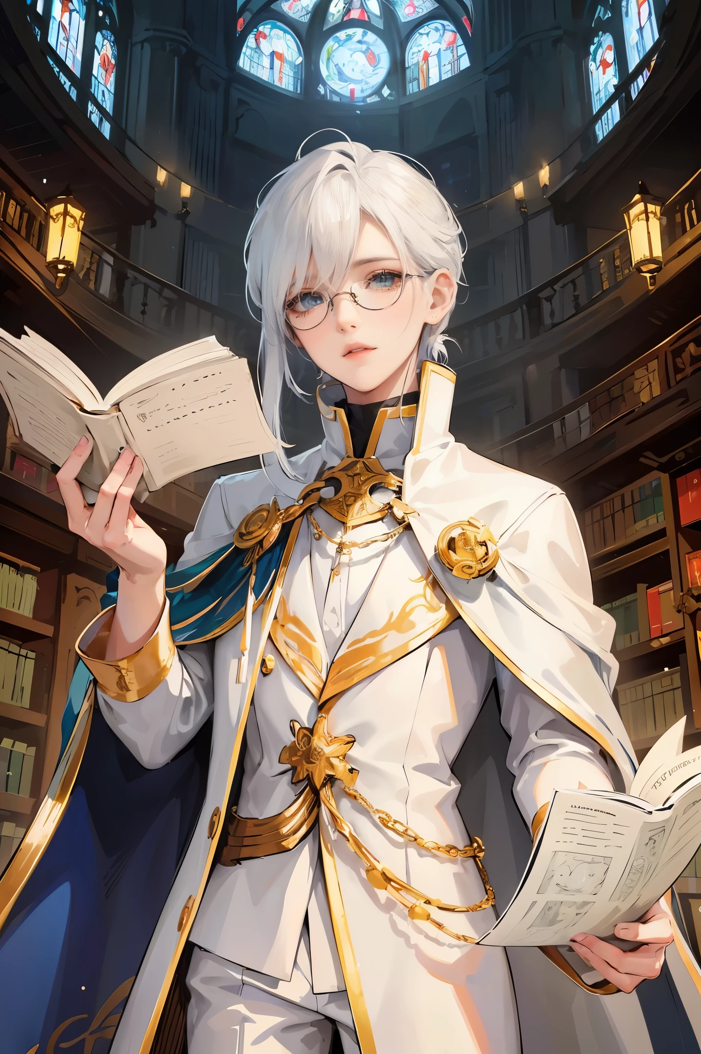 an androgynous boy with long white hair stands inside a large library and holds an open book, the boy is wearing a white cape with blue jewels and gold adornments, in lingerie and glasses, the library is lit by candles and filled with books stacked on the floor, with a large round window in the background showing the galaxy with a constellation, Perfect lips, symmetrical face, olhos realistas, pele de porcelana, HDR, UHD