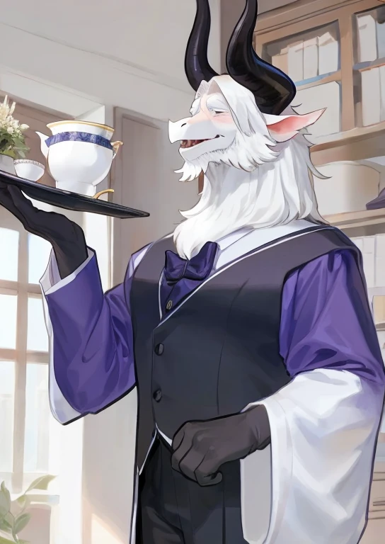 ((wearing aristocrat robe)), commission for high res, fullbody commission for, furaffinity commission, professional furry drawing, fursona furry art commission, commission on furaffinity, pov furry art, (sfw) safe for work, very very beautiful furry art, furry art!!!, fursona commission, (masterpiece, best quality:1.2), man, solo, dragon, white fluffy fur dragon, big white fluffy fur ears that drooped back, fur body, big black horn, dilf, old man, old, grandpa, really old man, (about 70 years old), huge, tall, daddy, legs, tail, white bangs, white beard, beard above mouth, looking pleasured, sexually, sexy pose, long white hair, hairy, skinny body, slim, thin, (male anthro dragon:1.3), (white body:1.1), huge pecs, look at view, detail hands, butler, butler outfit, suit, shirt, pant, very detail, look at view, first person view, wearing glasse, by bebebebebe, hand holding a tea tray