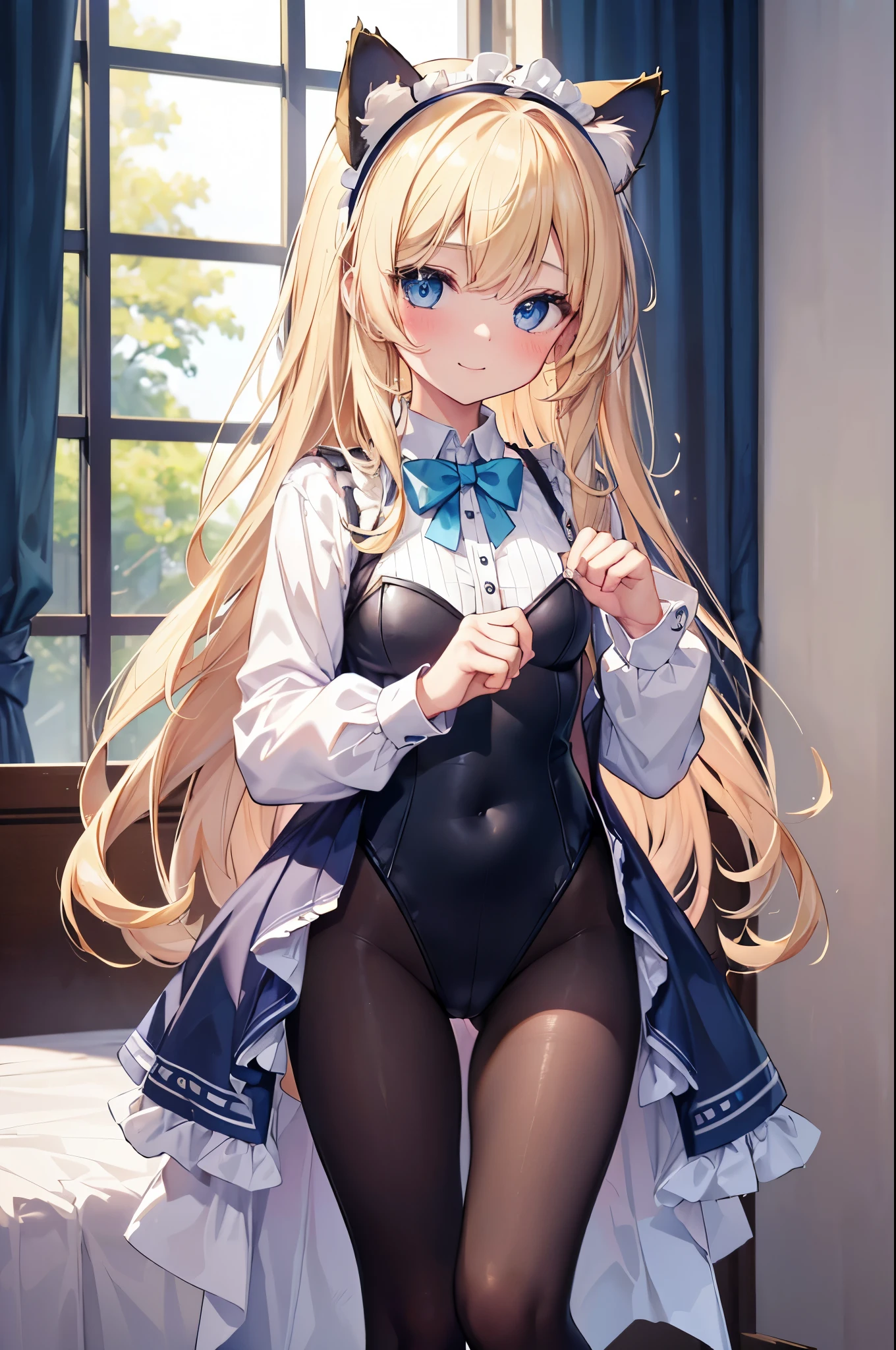 ((4k、8k、top-quality、perfect fingers: 1.3、perfect anatomia: 1.3、Background blur))、((16 years old、a beauty girl、a blond、blue eyess、a baby face、tailcoat、(leotard)、cat ear headband)、Long straight hair、Beautiful big eyes、Sauce order:1.1、tights))、blushing shy smile、FULL BODYSHOT、Standing、By the window of the mansion、