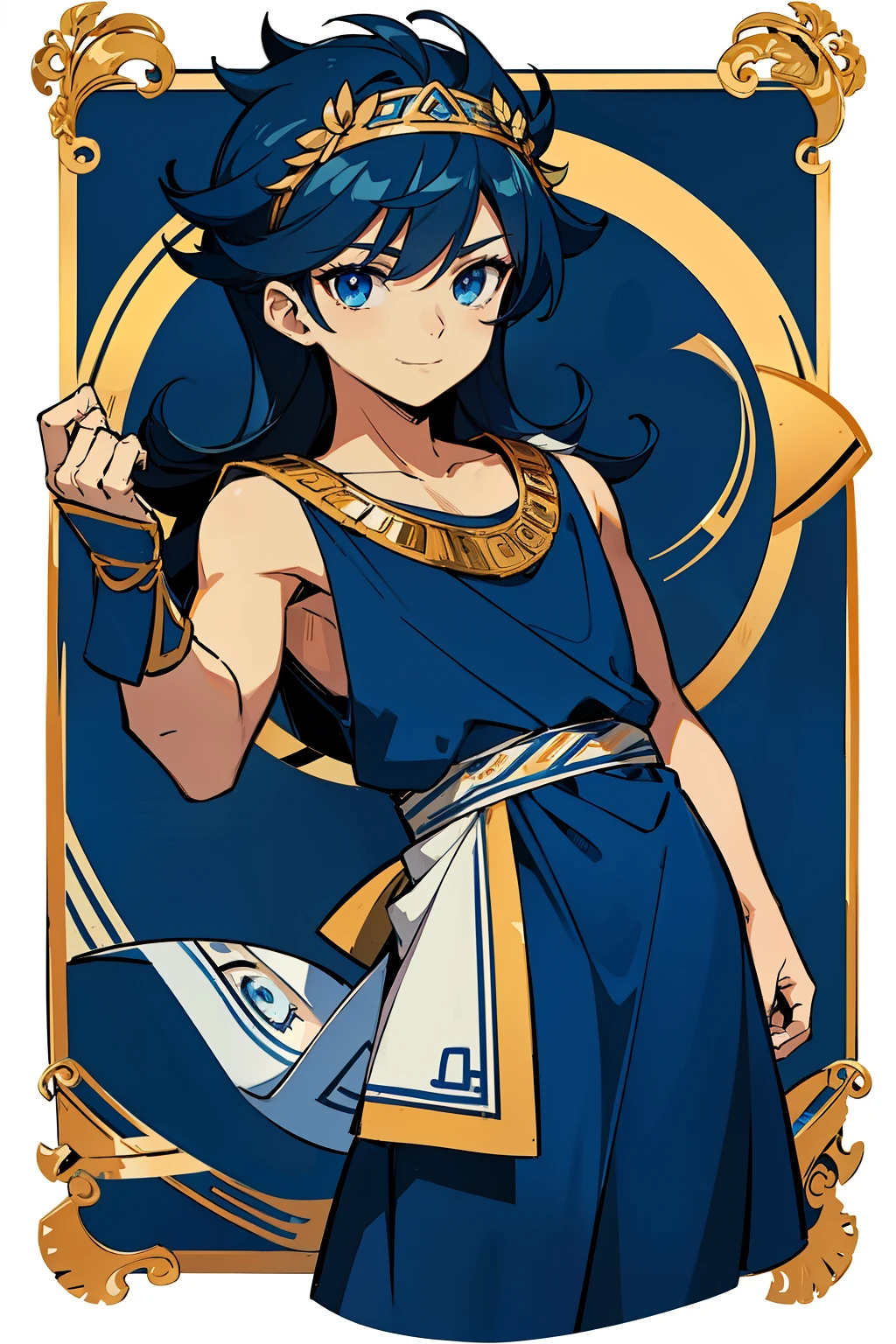 (high-quality, breathtaking),(expressive eyes, perfect face) 1boy, boy, solo, child, age 6 years old, dark blue hair, blue coloured eyes, stylised hair, gentle smile, medium length hair, loose hair, side bangs, curley hair, really spiky hair, looking at viewer, portrait, ancient greek clothes, blue black and white tunic, white Chlamys, sleeveless, greek, blue and gold sash, music inspired background, related to Orpheus, hair accessory blue, 36½ inches tall, chibi art style