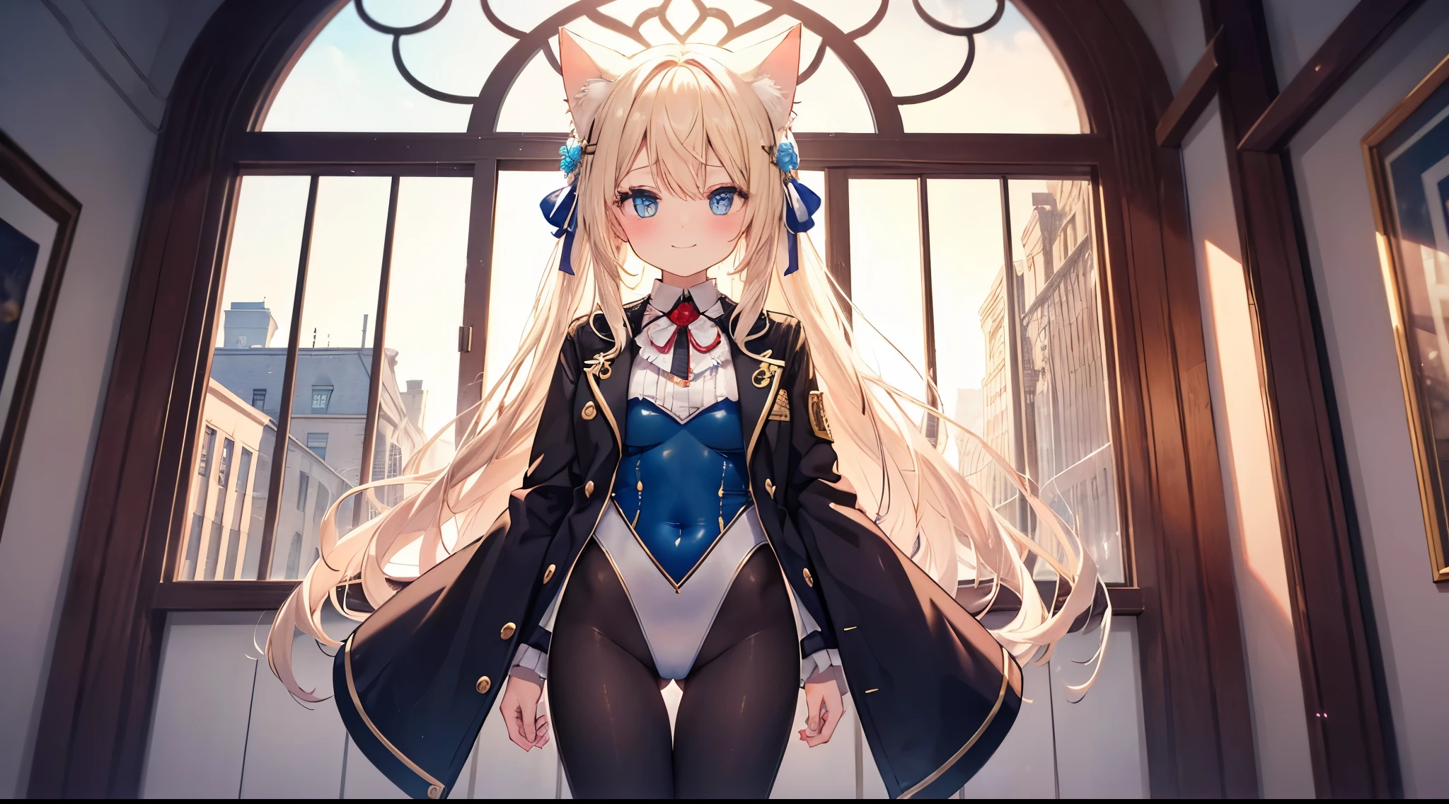 ((4k、8k、top-quality、perfect fingers: 1.3、perfect anatomia: 1.3、Background blur))、((、a beauty girl、a blond、blue eyess、a baby face、taeotard)、cat ear headband)、Long straight hair、Beautiful big eyes、Sauce order:1.1、tights))、blushing shy smile、FULL BODYSHOT、Standing、By the window of the mansion、