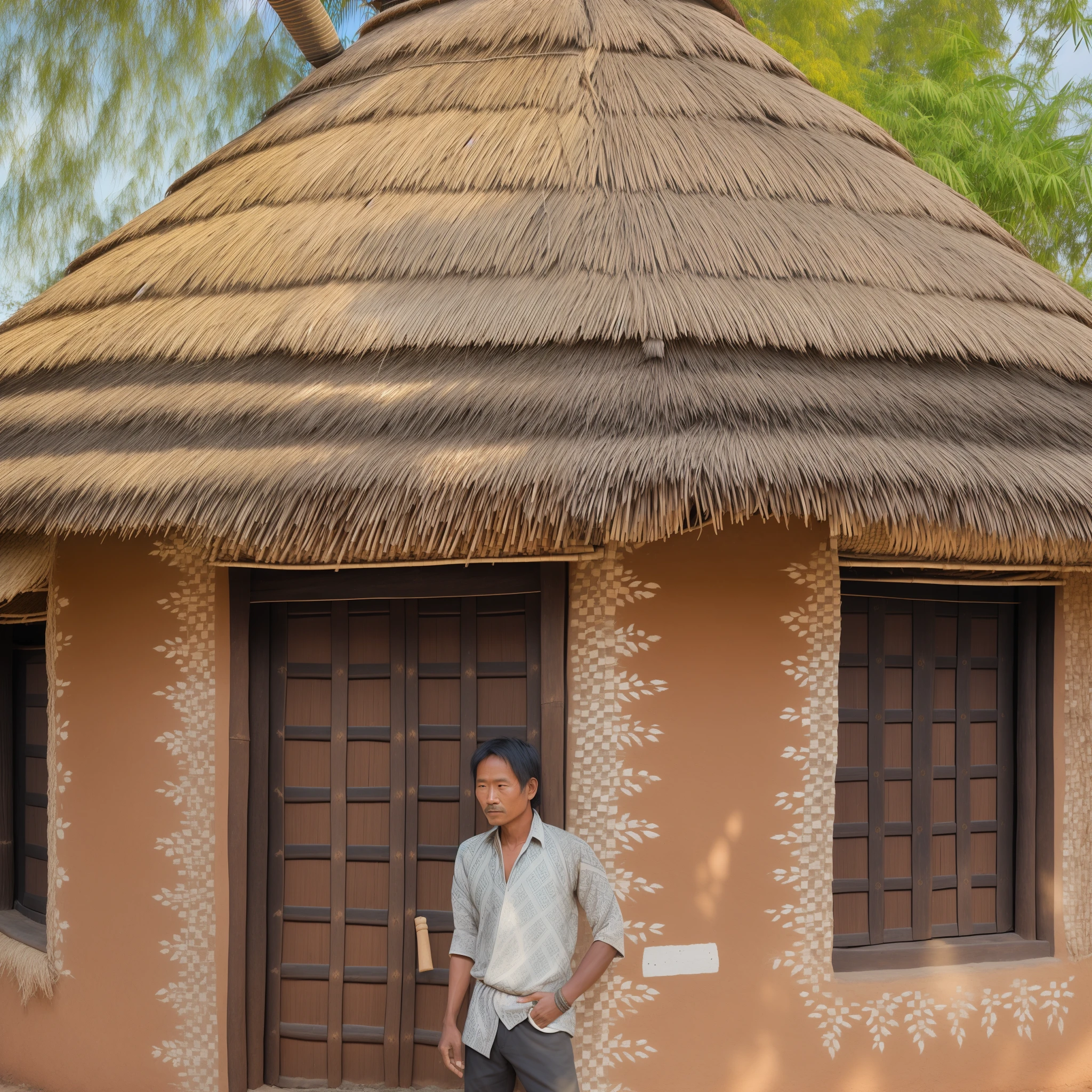 Description:** A serene village scene with a small thatched-roof house nestled among lush green fields. A young boy, Rahul, is sitting outside under a large tree, engrossed in a book, while his mother, Geeta, is busy cooking in the background.