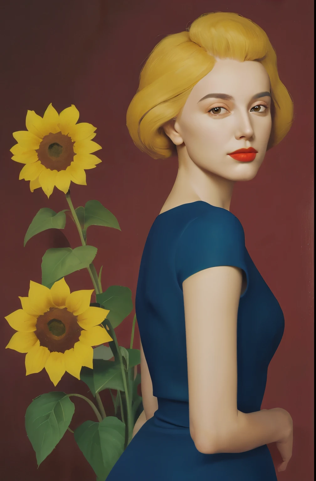 there is a woman standing in a field of sunflowers, kenton nelson, beautiful retro art, michael cheval (unreal engine, inspired by Stevan Dohanos, peter driben, anna dittmann alberto vargas, by Mario Bardi, inspired by Art Frahm, laurent durieux, by Juan O'Gorman, andrey remnev