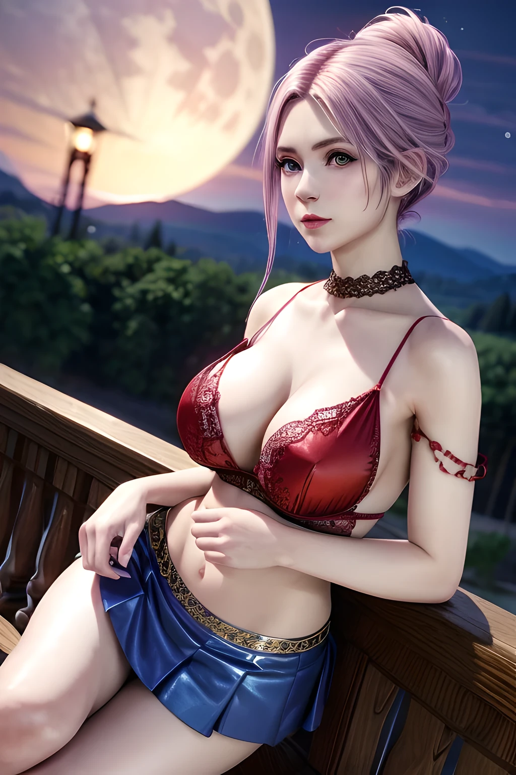 bird's eyes view,1 girl,Vampires, Elise,(Wear red and blue color style; floral lace layered skirt),jewely,Tattooed with,(Glossy glossy skin:1.4),鎖骨,gigantic cleavage breasts,during night, full_themoon, As estrelas,(tmasterpiece), Best quality at best,(of a real:1.4), detailed,8K,number art,detailed头发,detailed脸, of a real fingers,depth of fields,Similar colors,a warm color palette,softlighting,low-contrast,hard shadows,full body,