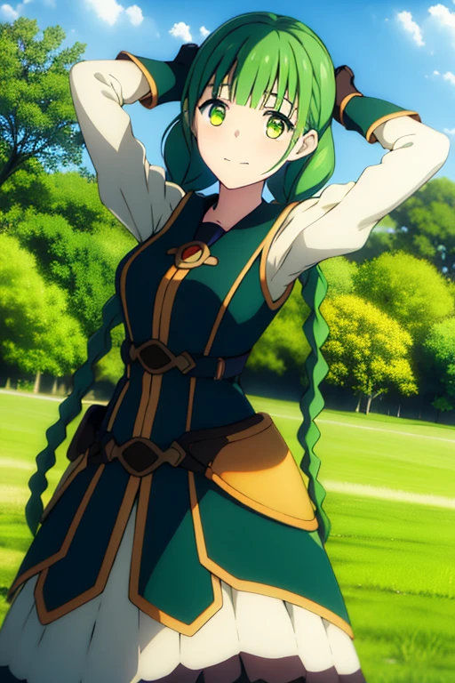 rishia full body, 1girl, solo, green hair, green eyes, twin braids, gloves, medium breasts, beautiful face, smile, (masterpiece:1.2), best quality, absurdres, highres, extremely detailed wallpaper, perfect lighting, outdoors, grass, field, looking at viewer, closed mouth, cowboy shot, lying, on back, on grass, cowboy shot, expressionless, spread arms, arms up, center,