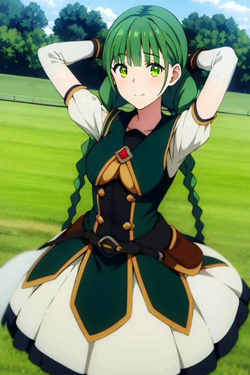 rishia full body, 1girl, solo, green hair, green eyes, twin braids, gloves, medium breasts, beautiful face, smile, (masterpiece:1.2), best quality, absurdres, highres, extremely detailed wallpaper, perfect lighting, outdoors, grass, field, looking at viewer, closed mouth, cowboy shot, lying, on back, on grass, cowboy shot, expressionless, spread arms, arms up, center,