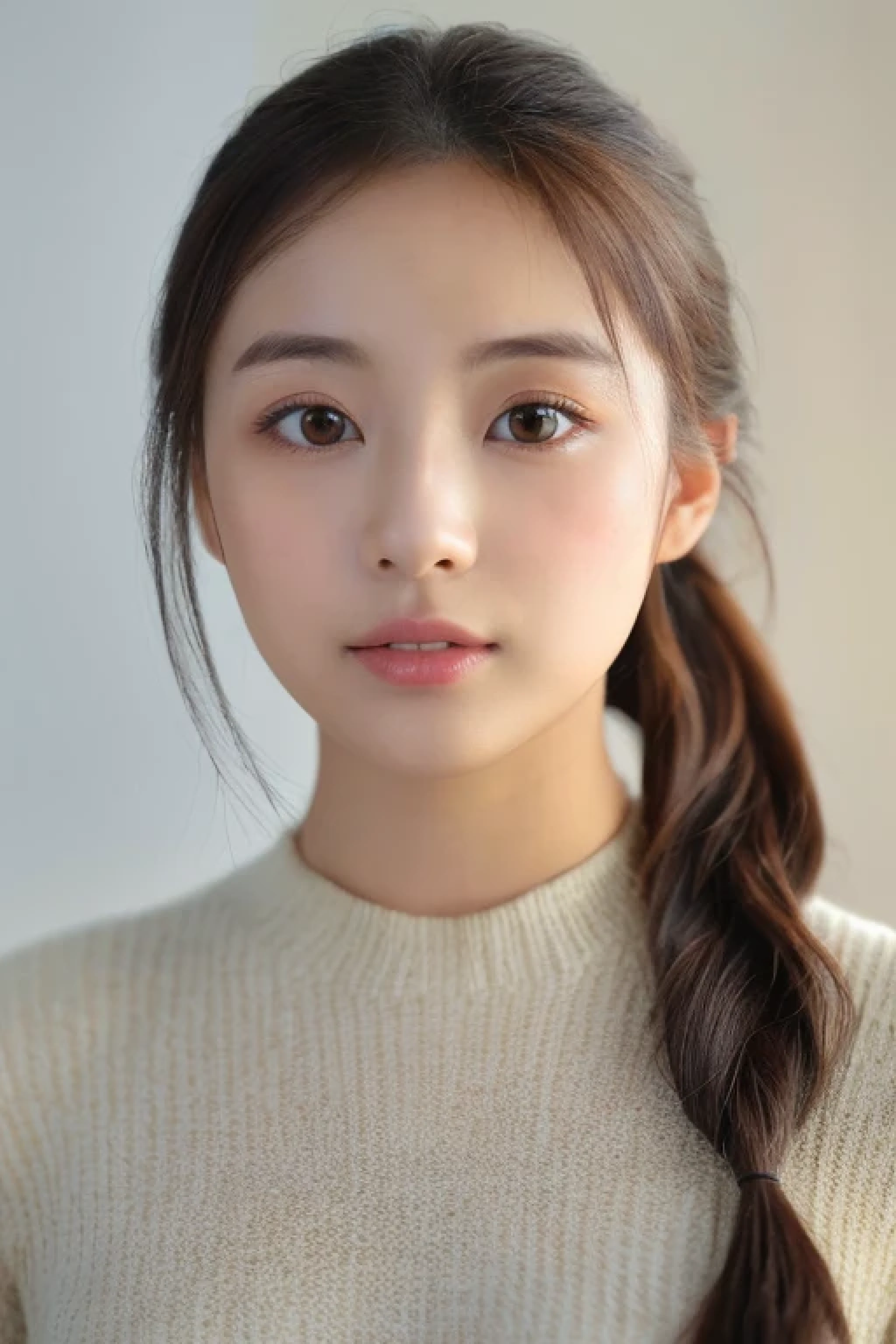 ((cute little日本の女の子、Beautiful japanese girl、1 girl in、age19、poneyTail、Highly detailed facial and skin texture、refinement、hyperdetailed face、ultradetailed eyes、blusher、blush、teak、ピンクのteakを塗った頬、close-up of woman、bustup、真frontageを向いている顔、真frontageを向いている体、Looking at the camera、frontage、cute little、smooth white skin、Transparent skin texture、))、(dark brown hair、bangss)、Beautiful Women in Perfect Style:1.4、Japanese Models、Young gravure idols、若いcute littleグラビアアイドル、Realistic Young Gravure Idol、refinementされたグラビアアイドル、((top-quality、in 8K、masterpiece:1.3、1Photo))、(4K、RAW Photography、top-quality)、(reallistic、フォトreallistic:1.37)、Place a person on the other side of the screen、natural soft light、upper body and head、refinement、