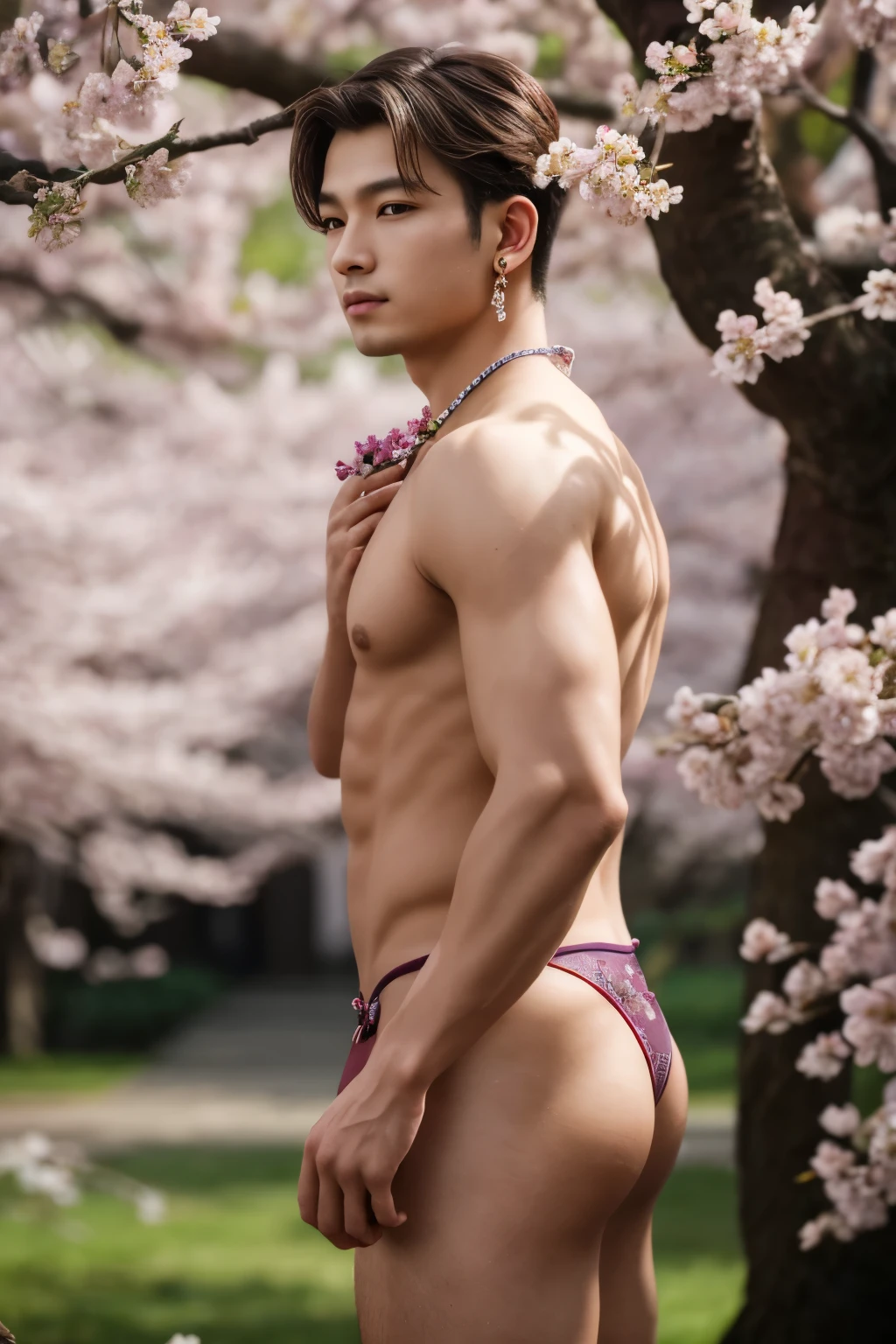 masterpiece,extremely detailed CG unity 8k wallpaper,1boy, beautiful, realistic, blurry, blurry_background, blurry_foreground, branch, brown_hair, plum blossom, depth_of_field, earrings, flower, jewelry, nose, realistic, solo,chinese clothes, only wearing a thong