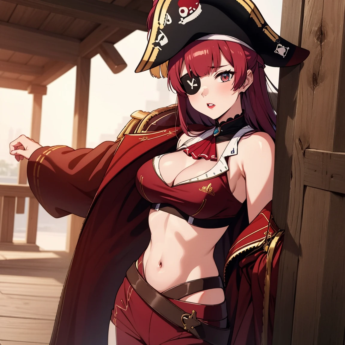 Anime image of a girl with red hair and eyes with red lipstick on her lips and wearing a sexy and very tight pirate outfit, as well as having an eye patch, is near the helm of a pirate ship