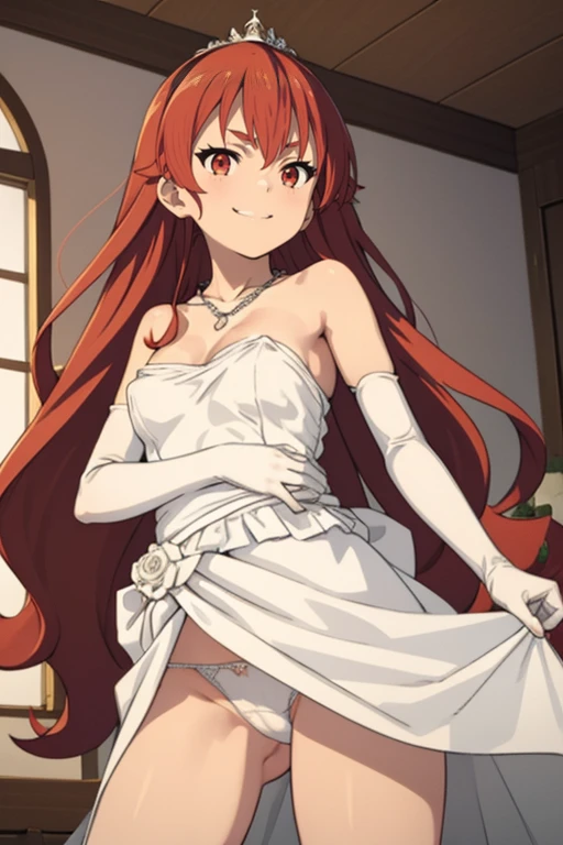 Nude, naked, 1girl, aaichika, tiara, bridal veil, necklace, cleavage, wedding dress, strapless dress, white dress, white gloves, elbow gloves, from below, show breasts, show nipples, skirt lift, white panties and sexy stockings, bare legs,, masterpiece, best quality, highly detailed, Long straight red hair, beautiful red eyes, no underwear, smiling