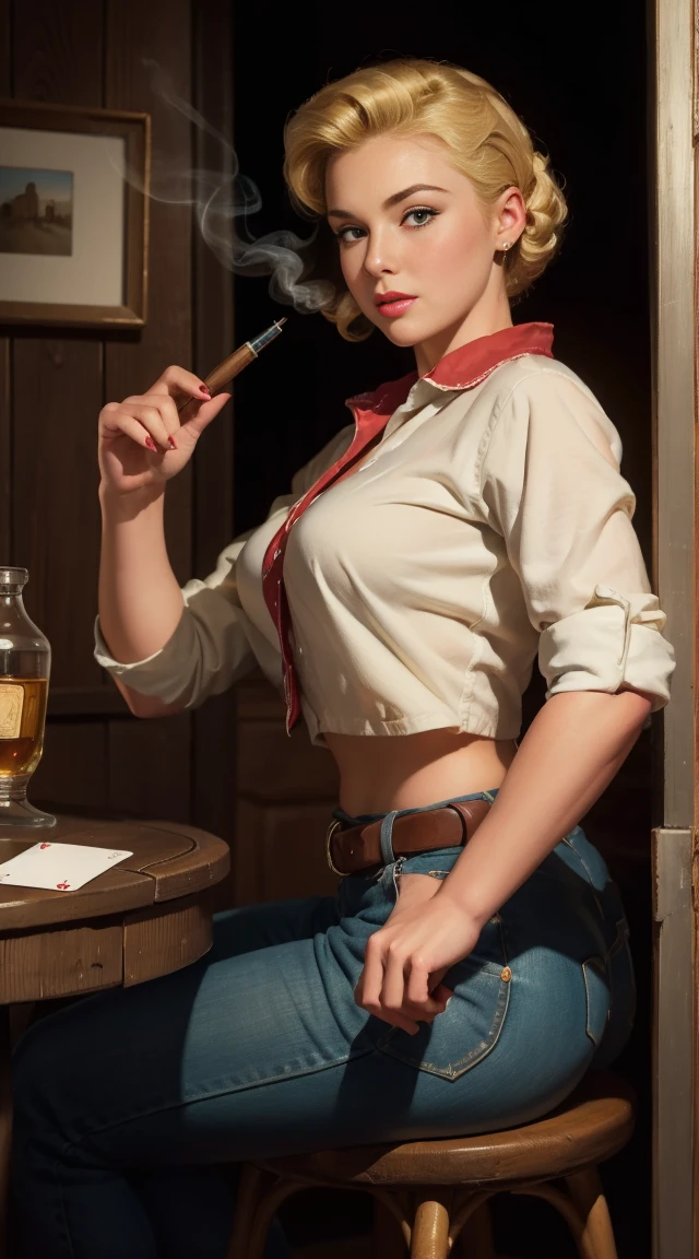 (masterpiece:1.4), (best quality:1.4), retro vintage pin-up style, extremely detailed, intricate, hyper-detailed, illustration, soft lighting, 18 years old pin-up girl, Blonde hair, (perfect_face), sitting on mini barstool, two piece black outlaw cowgirl outfit , in saloon door, Short Haired Female Cowboy in a Saloon in the Old West,Blonde,Sitting,Smoking Pipe,Table Whisky,Piano,6 Bullet Revolver,Barrel,Table,Playing Cards,Dust,Artwork,3D,4K,Detailed,Realistic intricate, dramatic lighting, 4k, detailed_background, caustics, full_body, digital_illustration