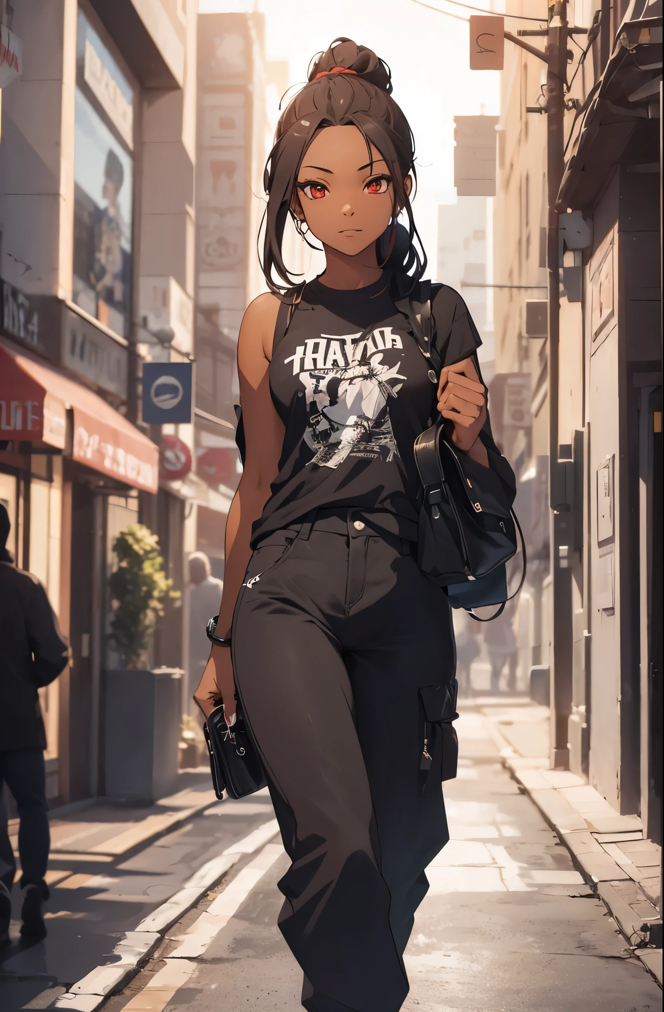 anime girl with long braids and red eyes, African American skin, black, brown skin, beautiful, model, 17 years old, wearing t shirt, pants, full body shot, walking, city background, 4k, masterpiece, official art , highly detailed, rtx, ray tracing