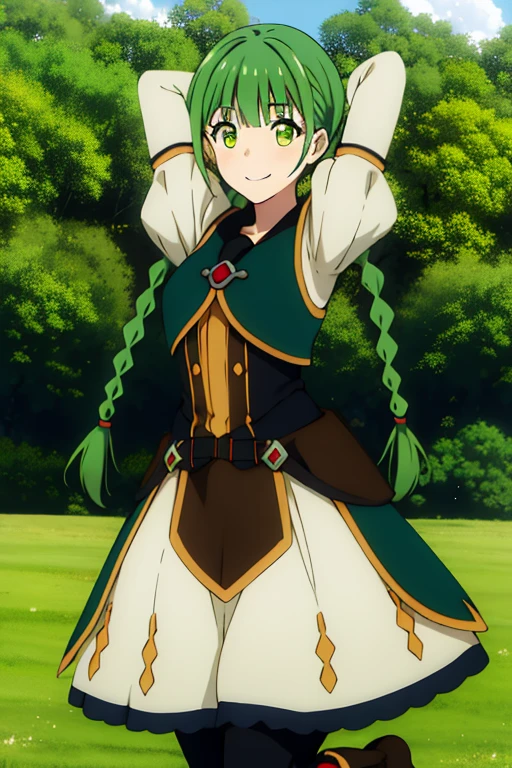 rishia full body, 1girl, solo, green hair, green eyes, twin braids, gloves, medium breasts, beautiful face, smile, (masterpiece:1.2), best quality, absurdres, highres, perfect lighting, grass, field, looking at viewer, closed mouth, cowboy shot, lying, on back, on grass, cowboy shot, expressionless, spread arms, arms up, center,