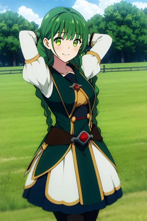 rishia full body, 1girl, solo, green hair, green eyes, twin braids, gloves, medium breasts, beautiful face, smile, (masterpiece:1.2), best quality, absurdres, highres, perfect lighting, grass, field, looking at viewer, closed mouth, cowboy shot, lying, on back, on grass, cowboy shot, expressionless, spread arms, arms up, center,