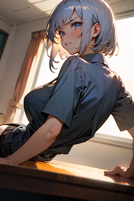 (masterpiece, best quality),
1girl, lying on stomach, on table, close-up ass, from below, back shot, looking back, spread legs,
BREAK 18 yo,
short silver hair, beautiful detailed cutest eyes,
eyeshadow, lips, gal,
angry, smile,
is shy, anime girl,
large breasts,
cleavage,
(torogao:1.3), sleepy, tears,
heavy breathing, gaping,
BREAK school uniform, (white collared shirt:1),
BREAK black pleated skirt, black lace panties,
BREAK classroom, backlighting,