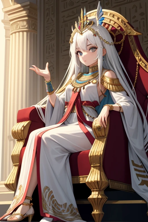 ancient Egyptian queen sitting on her throne, admiring the viewer, royal attire, ornate jewelry and royal headdress, hieroglyphic patterns on the walls, soft ambient light highlighting her features, (best quality, high resolution, masterpiece: 1.2), vibrant colors, subtle chiaroscuro effect, a tiger lying on the side of his throne, full body, white hair, detailed eyes, detailed face, beautiful.