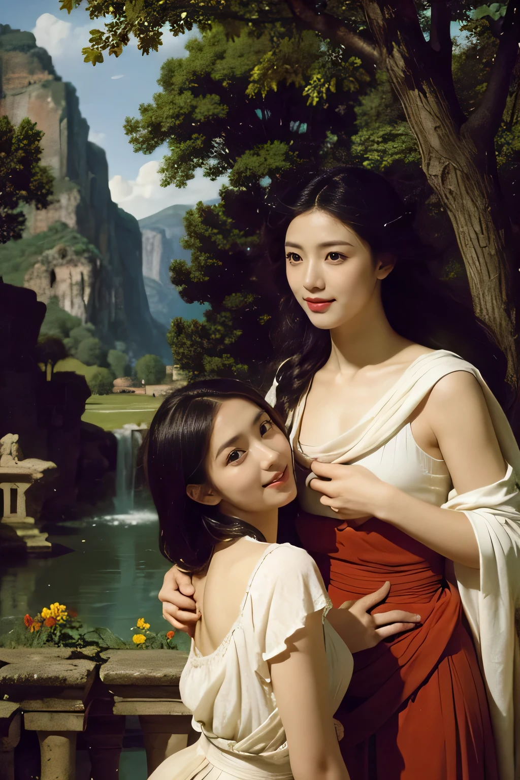 Ancient Roman ruins,Poussin-style landscape,A smile,,Sweet and seductive appearance.、Caravaggio's paintings、Chiaroscuro of Caravaggio、Hair disheveled in the wind,Two women frolicking,Cute smile, Expression of ecstasy,A sexy,erotick