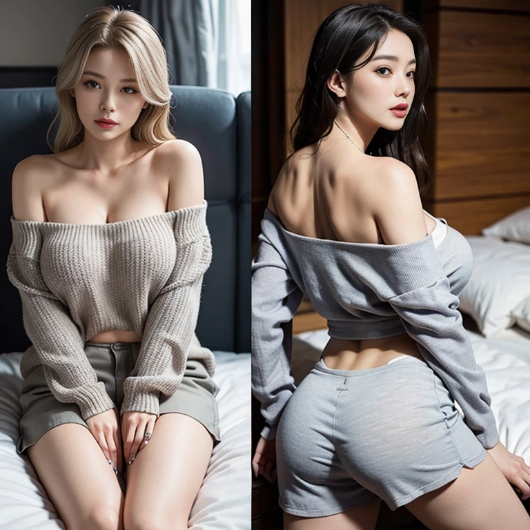 8K, Best Quality, masutepiece:1.2), (Photorealistic:1.4), Raw photo, Best Quality, 超A high resolution a beauty girl Beautiful butt gigantic cleavage breasts tthin eyebrows on the beds (Huge breasts:1.2) Arch the back stick out buttocks Emphasis on the chest silber hair Silver hair color Dressing Wear clothes that clearly show your body line off-shoulder knit Chest opening knit Cherry colored clothes tight knit japanes