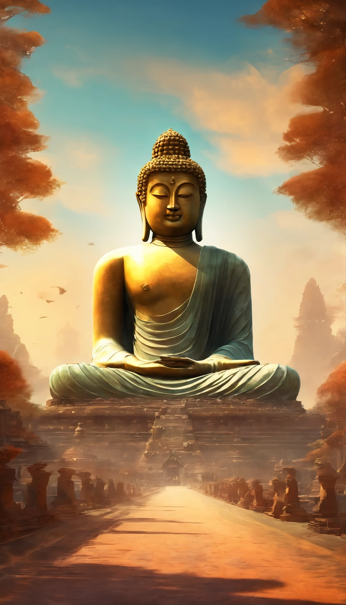 Huge Buddha statue in the distance, stone statue, Texture, tall, An majestic, The background is illuminated by sunlight,Inverted image,Lateral face,Pilgrims on the road
