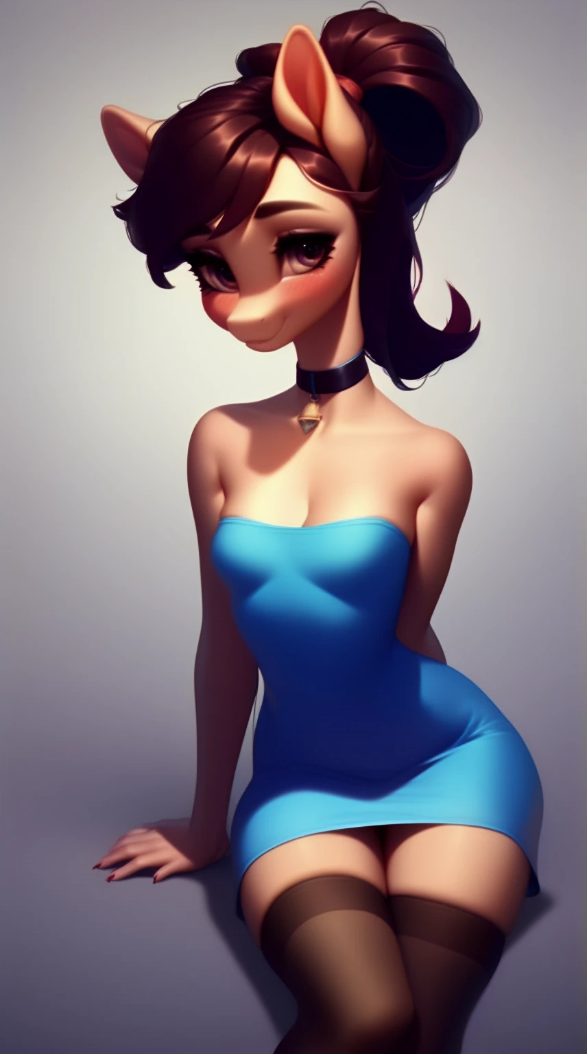 (score_9), (source_derpibooru_p_95), (solo), ((anthro o.c pony 1.1)), (strapless dress), sexy, blushing, cute smile, anatomically correct, small breasts, solo, hourglass figure, curvy, plump body, cute, high res,