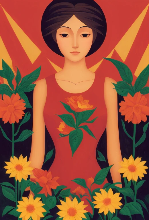 chiaroscuro technique on illustration of an elegant Stylized poster, Russian beauty, in sunflowers, (artist Andrey-Remnev), ((Best Quality, tmasterpiece)), Extreme detailing, 8K