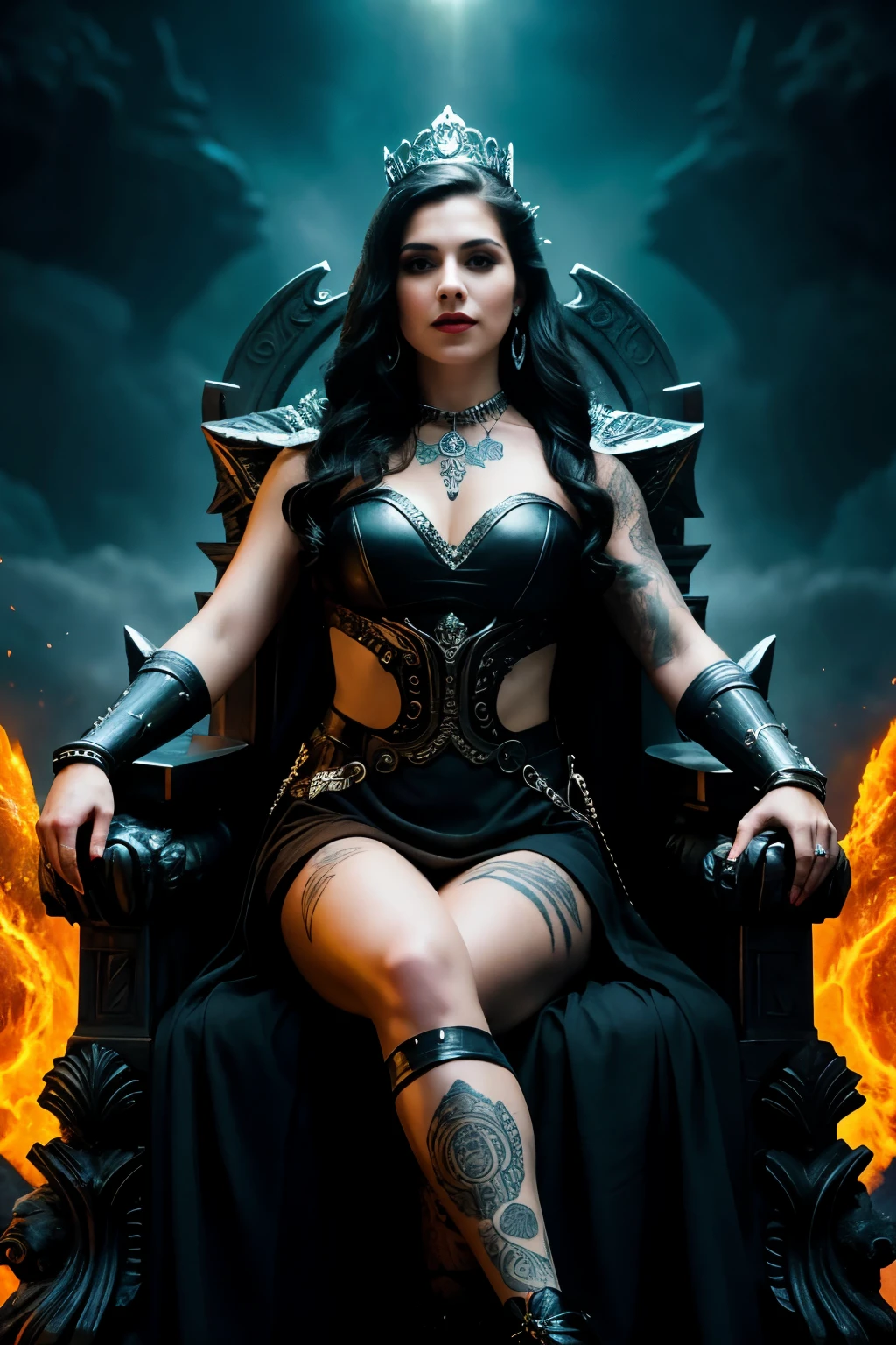 hyper ultra realistic photographs full body of In a world where technology and magic clash, a tattooed evil queen rules from her volcanic throne. Her obsidian blade, etched with runes of power, sings with primal energy as she faces down cyborg assassins and bioluminescent monsters, defender of a dying world. ratio 16:9, 4k, 8k resolution, High quality photo, high detailed images