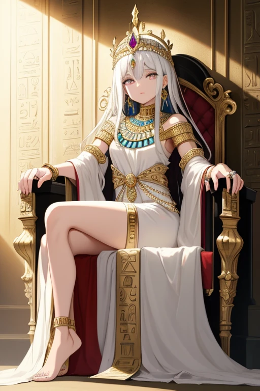 ancient Egyptian queen sitting on her throne, admiring the viewer, royal attire, ornate jewelry and royal headdress, hieroglyphic patterns on the walls, soft ambient light highlighting her features, (best quality, high resolution, masterpiece: 1.2), vibrant colors, subtle chiaroscuro effect, full body, white hair, detailed eyes, detailed face, beautiful, rings on her fingers.