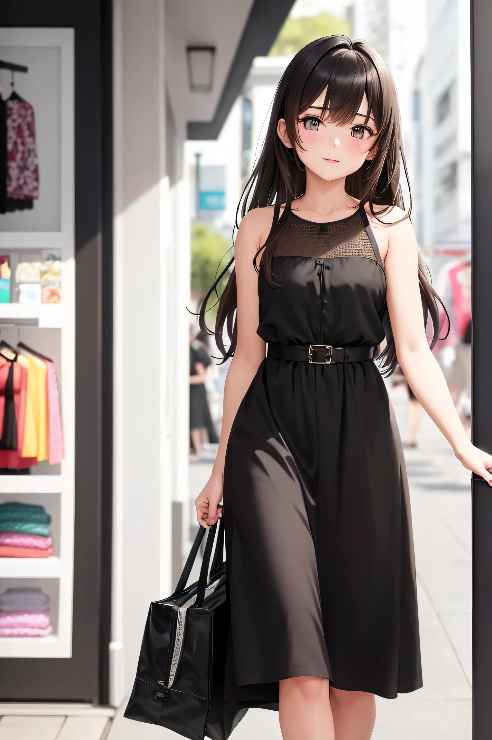 {there is a young girl walking through an isle of a clothing shop. she is beautiful, and attractive. she is wearing a black maxi sleeveless teired dress. she has beautiful long brown hair, and beautiful hazel eyes. she is also carrying a small black handbag over her shoulder. the clothing store has designer clothes, and there is some designer dresses on the wall behind her. there is also sale posters on the wall near her too.}, {best quality}, {{masterpiece}}, {highres}, {{{8k}}}, extremely detailed girl, {{{caucasian skin}}}, {{{detailed face}}}, {photo-realism}, {{perfect anatomy}}, sharp focus, {{{character{1 girl}}}}, solo, {{{{{sharp focus}}}}}, {{{detailed cloth texture}}}, {{{detailed skin texture}}}, {{{smooth lighting}}}, {{australian decent}}, {{18-years old girl}},