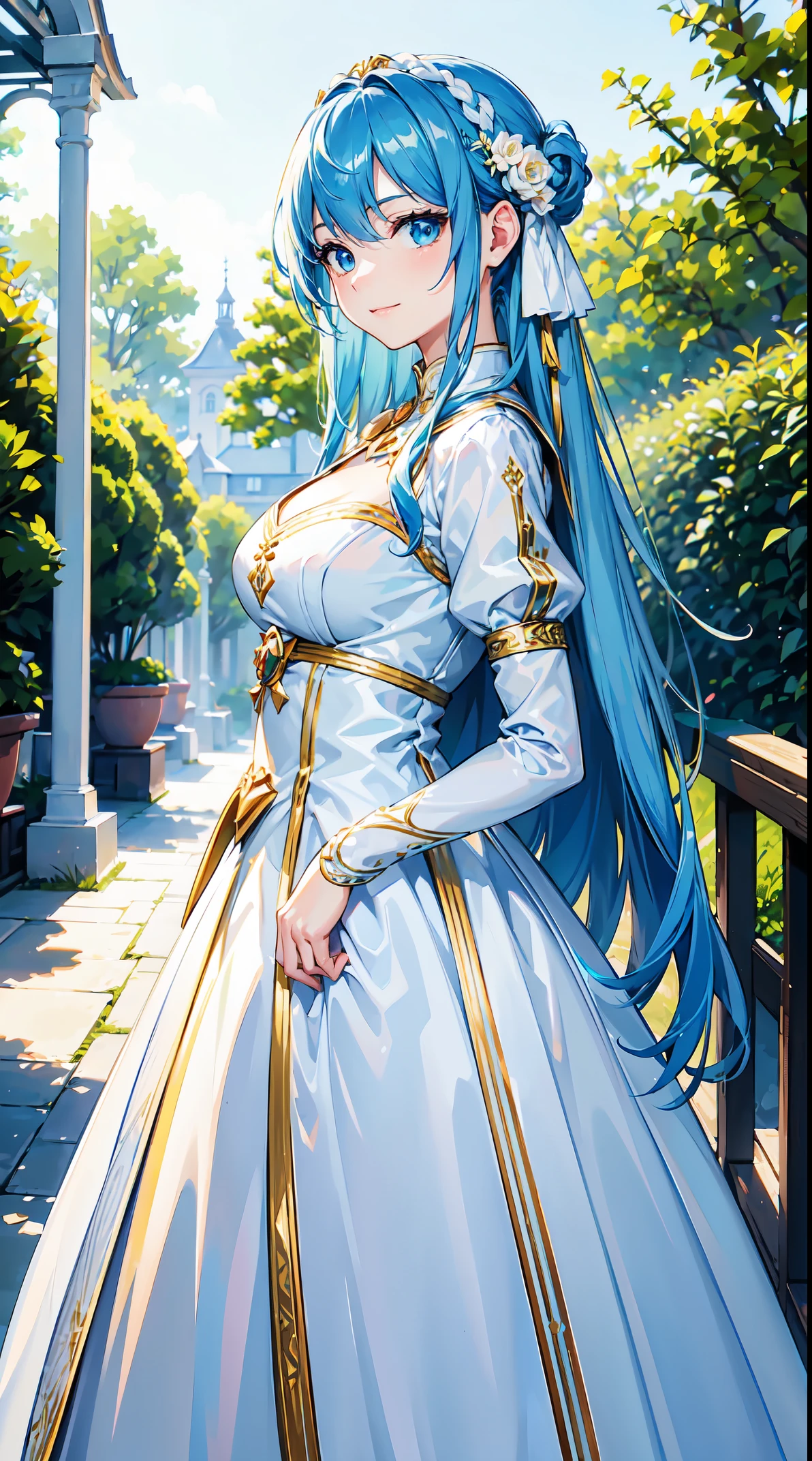 tmasterpiece, Realistic, フォトリアリスティック, 12K Ultra HD, Best quality at best, Sharpness, Pointed face, 1 girl,lightblue hair,light blue eyes,The large,White and gold dress,Place your arms behind your back,Standing in the beautiful garden,adorable smile