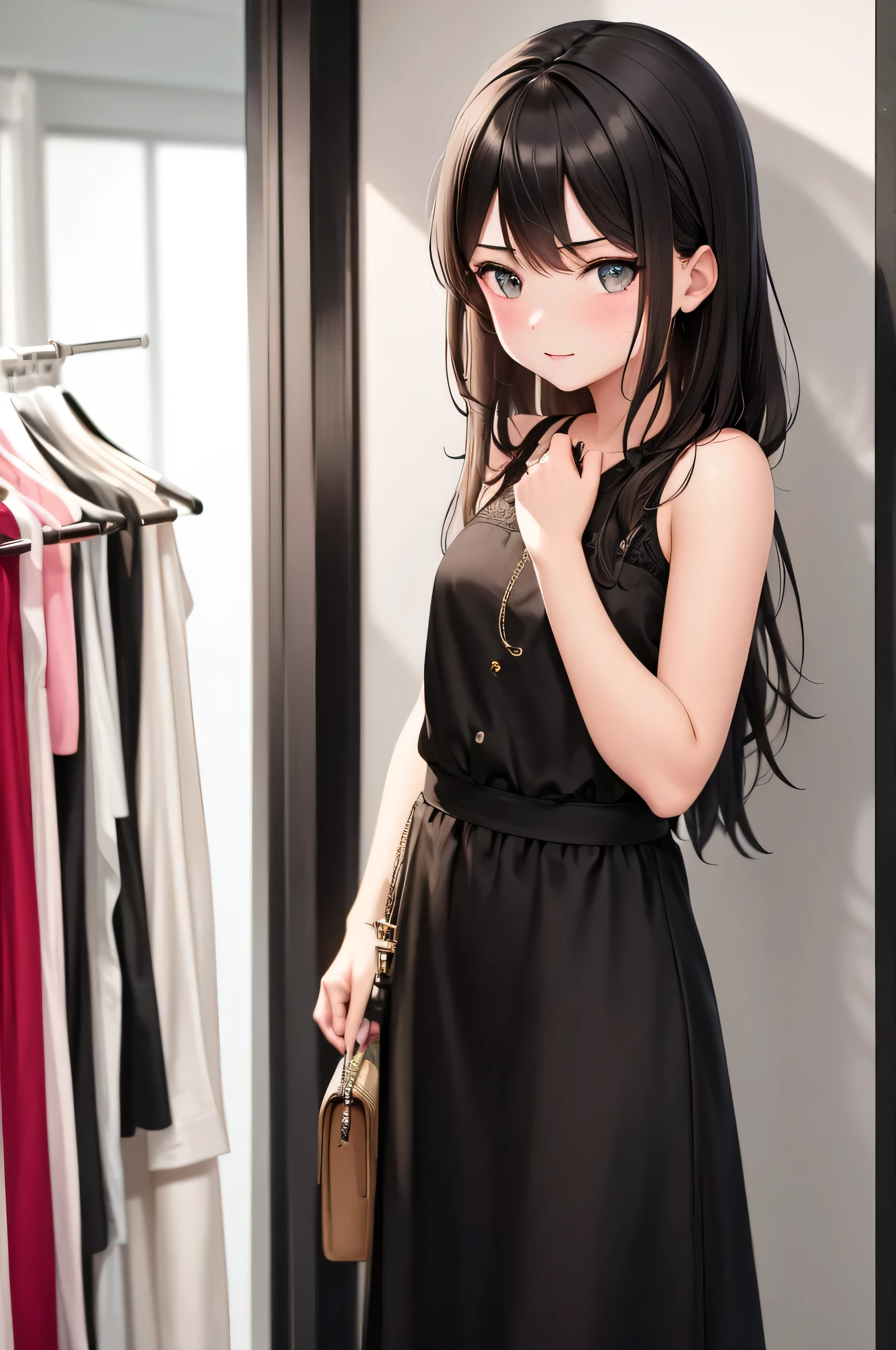 {there is a young girl walking through an isle of a clothing shop. she is beautiful, and attractive. she is wearing a black maxi sleeveless teired dress. she has beautiful long brown hair, and beautiful hazel eyes. she is also carrying a small black handbag over her shoulder. the clothing store has designer clothes, and there is some designer dresses on the wall behind her. there is also sale posters on the wall near her too.}, {best quality}, {{masterpiece}}, {highres}, {{{8k}}}, extremely detailed girl, {{{caucasian skin}}}, {{{detailed face}}}, {photo-realism}, {{perfect anatomy}}, sharp focus, {{{character{1 girl}}}}, solo, {{{{{sharp focus}}}}}, {{{detailed cloth texture}}}, {{{detailed skin texture}}}, {{{smooth lighting}}}, {{australian decent}}, {{18-years old girl}},