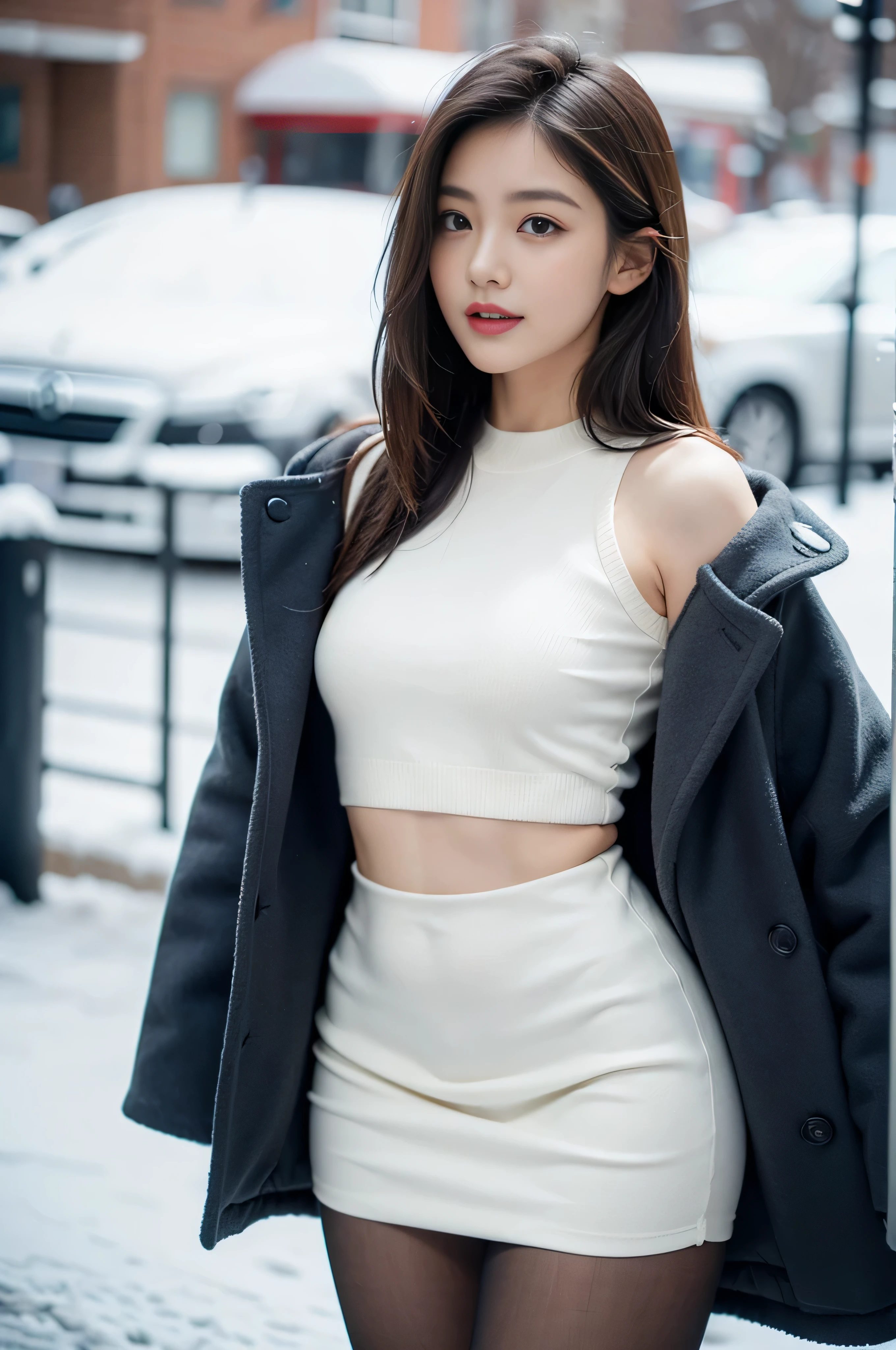 best quality, 4k, 8k, Detailed face, clear face, a pretty girl,Exquisite Makeup, Red lips,laugh, perfect body,shoulder length straight bob hair,small head,small face,big watery eyes,small breasts,thigh,slim,thin, The girl wears a wide white mink fur coat, Underneath the jacket was White sweater and pantyhose, Snowscape, winter, snow town,from front