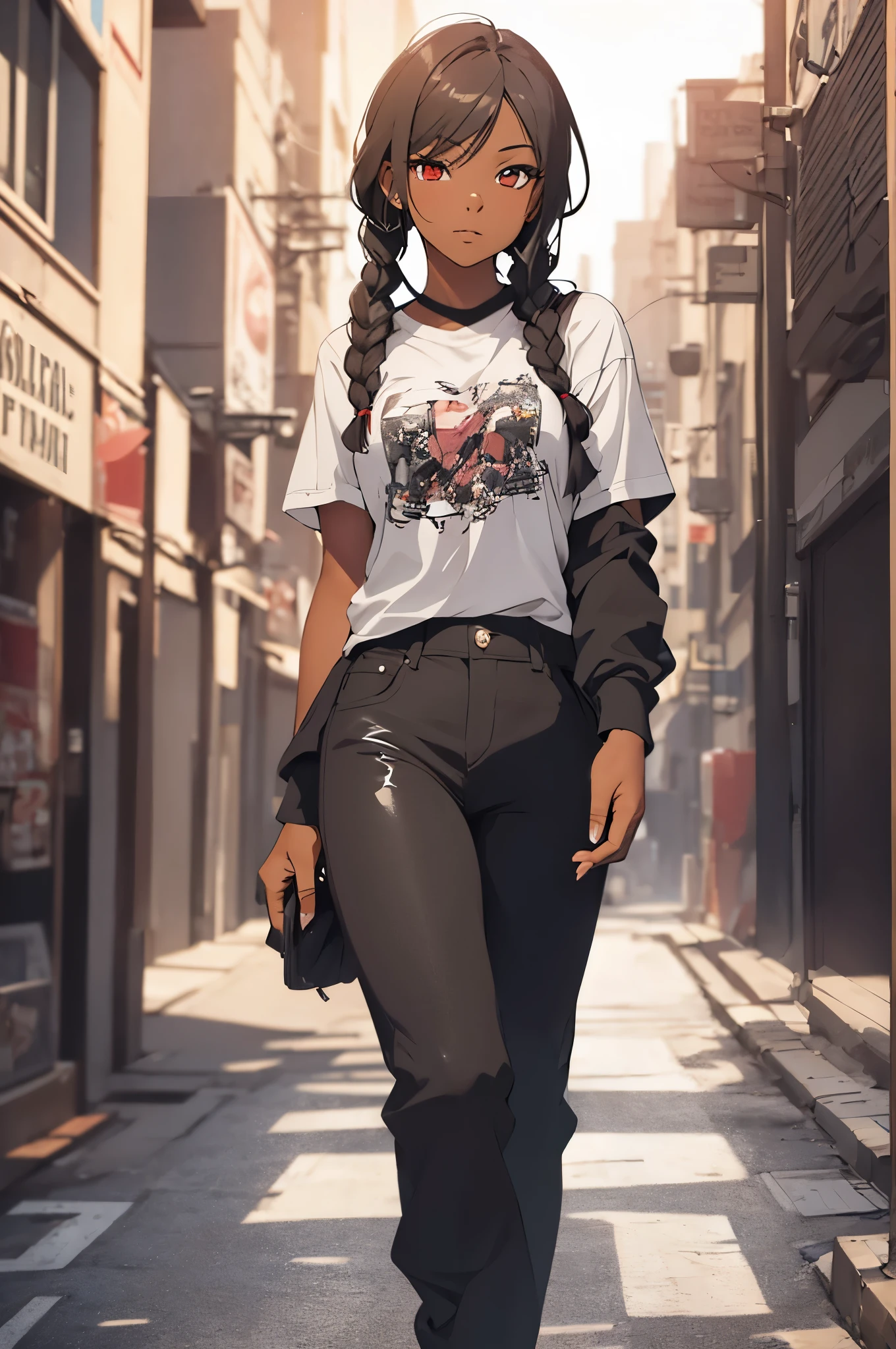 anime girl with long braids and red eyes, African American skin, black, brown skin, beautiful, model, 17 years old, wearing t shirt, pants, full body shot, walking, city background, 4k, masterpiece, official art , highly detailed, rtx, ray tracing