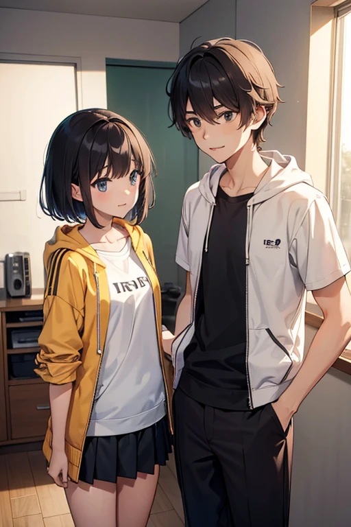 young couple, long-haired girl, cute, wearing hoodie and skirt, and short-haired boy wearing t-shirt, jacket and trousers, a room at home, 8k wallpaper