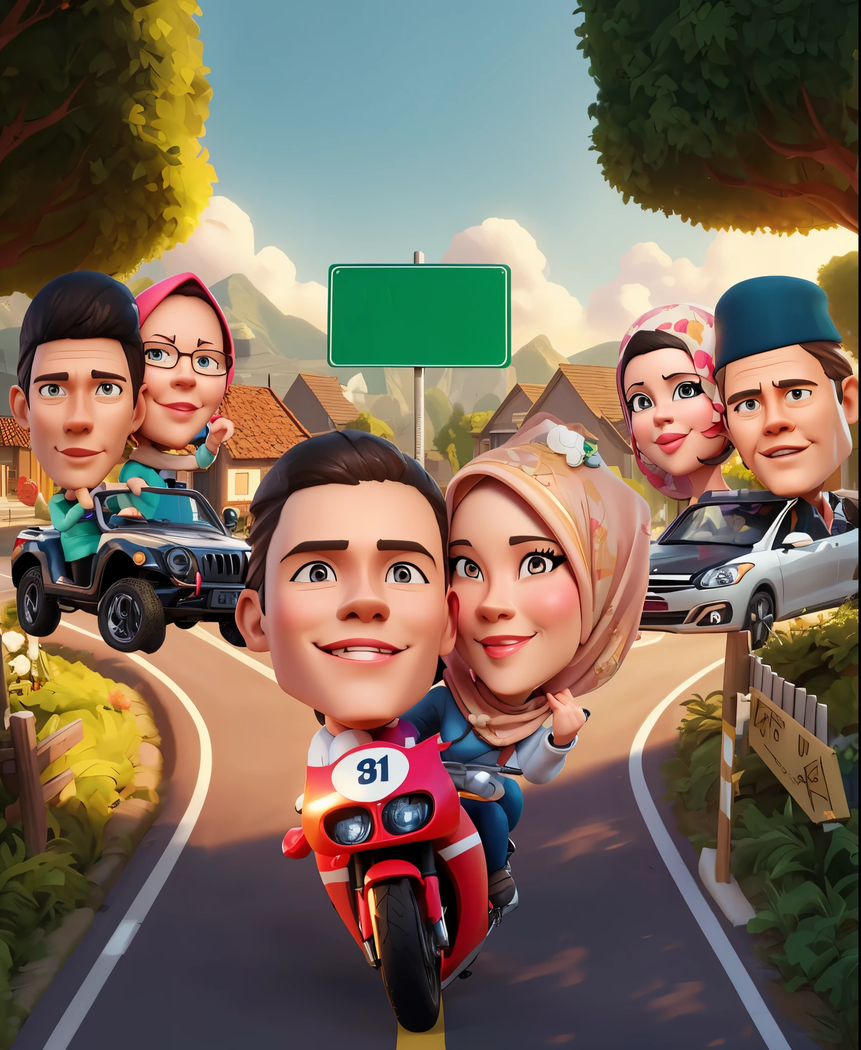 cartoon characters of people riding motorcycles down a road with a sign, Two married couples in the back driving a car, women wearing hijabs,caricature illustration, cartoon artstyle, realism artstyle, by Abidin Dino, cartoon art, cartoon style illustration, caricature style, potrait, digital art cartoon, cartoon digital painting, cartoon digital art, photo 3 d, photo 3d, inspired by JoWOnder, 3 d cartoon, cartoon art style