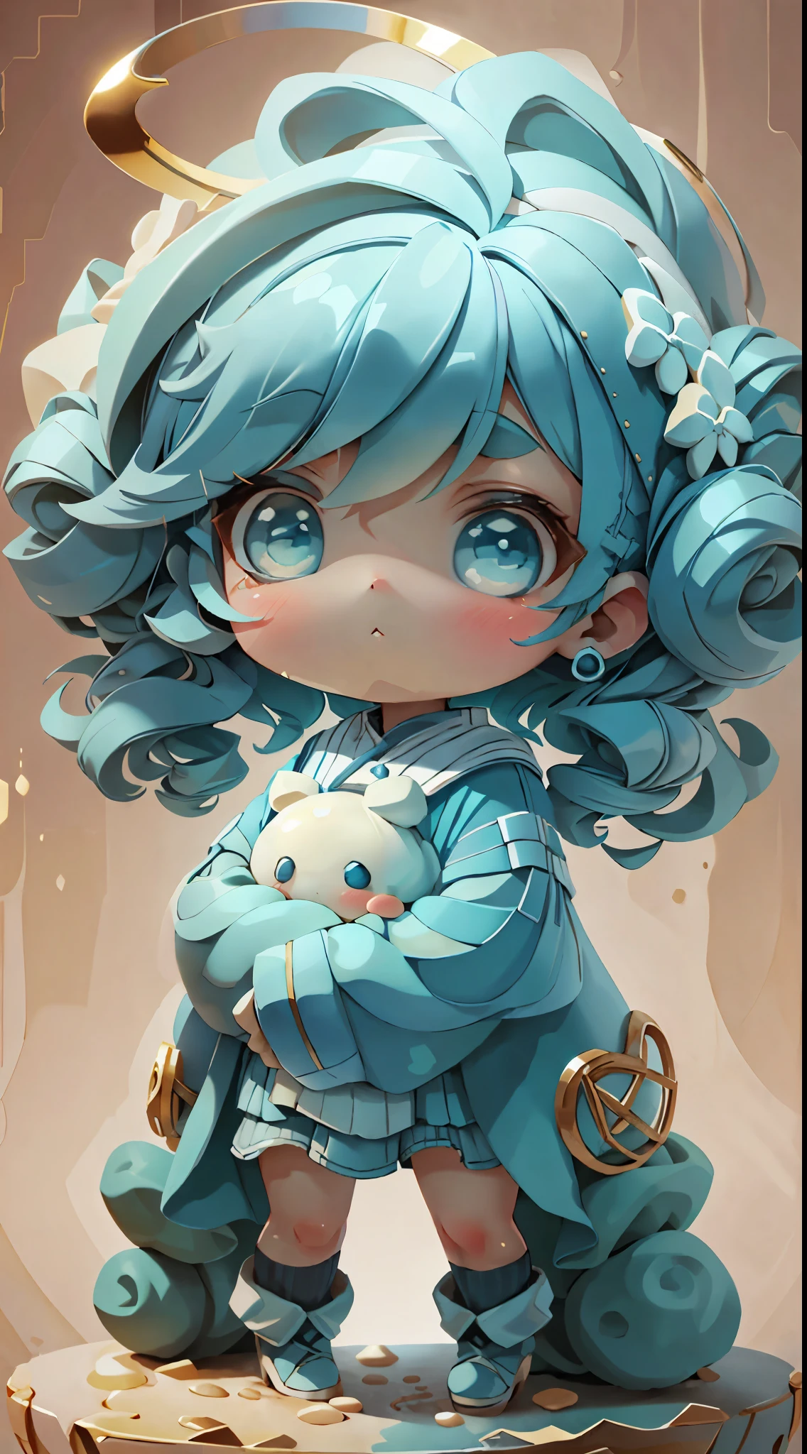 plastican00d, 1 girl, Chibi T-Shi, Blue hair, luxurious fabrics, dither, Creamy texture,Profound, looking at viewert, Striped background