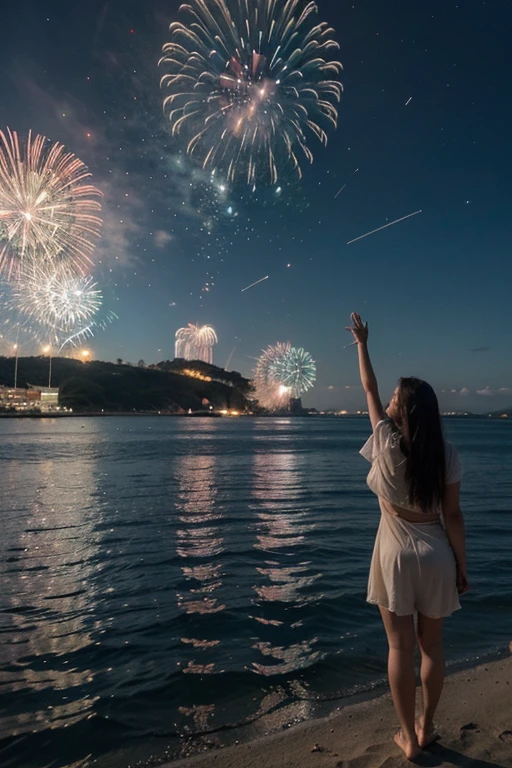 garota no marArt-site,Ano Novo,celebration,fireworks,cores vibrantes,ondas batendo,luzes cintilantes,Clima festivo,pessoas alegres,roupas deslumbrantes,Music and laughter,Horizonte brilhante,Adventurous Spirit,romantic setting,Serene Night Sky,reflection in the water,energia viva,memorable moment,felicidade,beginning of a Ano Novo,positive vibes,breathtaking view,splendid beauty,Artistic expression,Seaside environment,Expectativa empolgante,unforgettable experience,joyful meeting,spiraling fireworks,feliz ,harmony of nature and celebration,Community spirit,infinitas possibilidades, ttii
