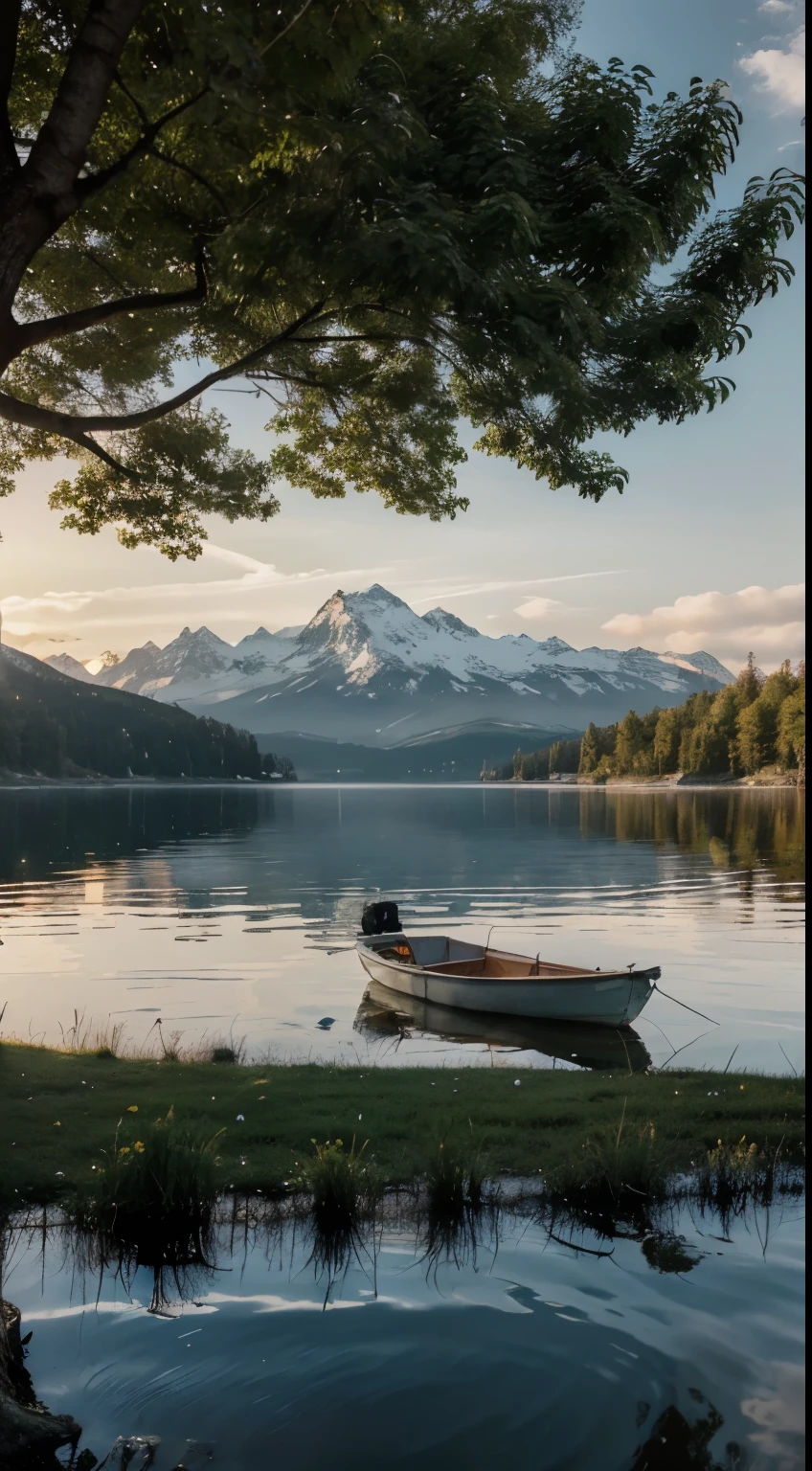 Subject content:Tranquil Lake ◦ Basics/ 一个Tranquil Lake ◦ Basics+Retouching/ A peaceful lake surrounded by mountains ◦ Basics+进一步Retouching+Picture story/ The sun gradually disappears into the distance,The gorgeous sunset reflected on the lake,A lonely boat floating on the lake environment:The beauty of nature and surrounding elements ◦ The lake is flanked by lush forests,In the distance are towering snow-capped mountains,There are a few fluffy white clouds floating in the lake.:Tranquility and peace ◦ breeze blowing,Sparkling waves on the lake,An atmosphere of tranquility and peace fills the air with lights:Soft sunshine ◦ The afterglow of the setting sun shines on the lake,Reflects warm and soft light colors:Natural tones ◦ Choose soft and natural colors,Highlight the clarity of the lake and the verdant composition of the landscape:Highlight the main position ◦ Use a bird’s-eye view or a low-angle shot by the lake,Make the lake the focus of the picture