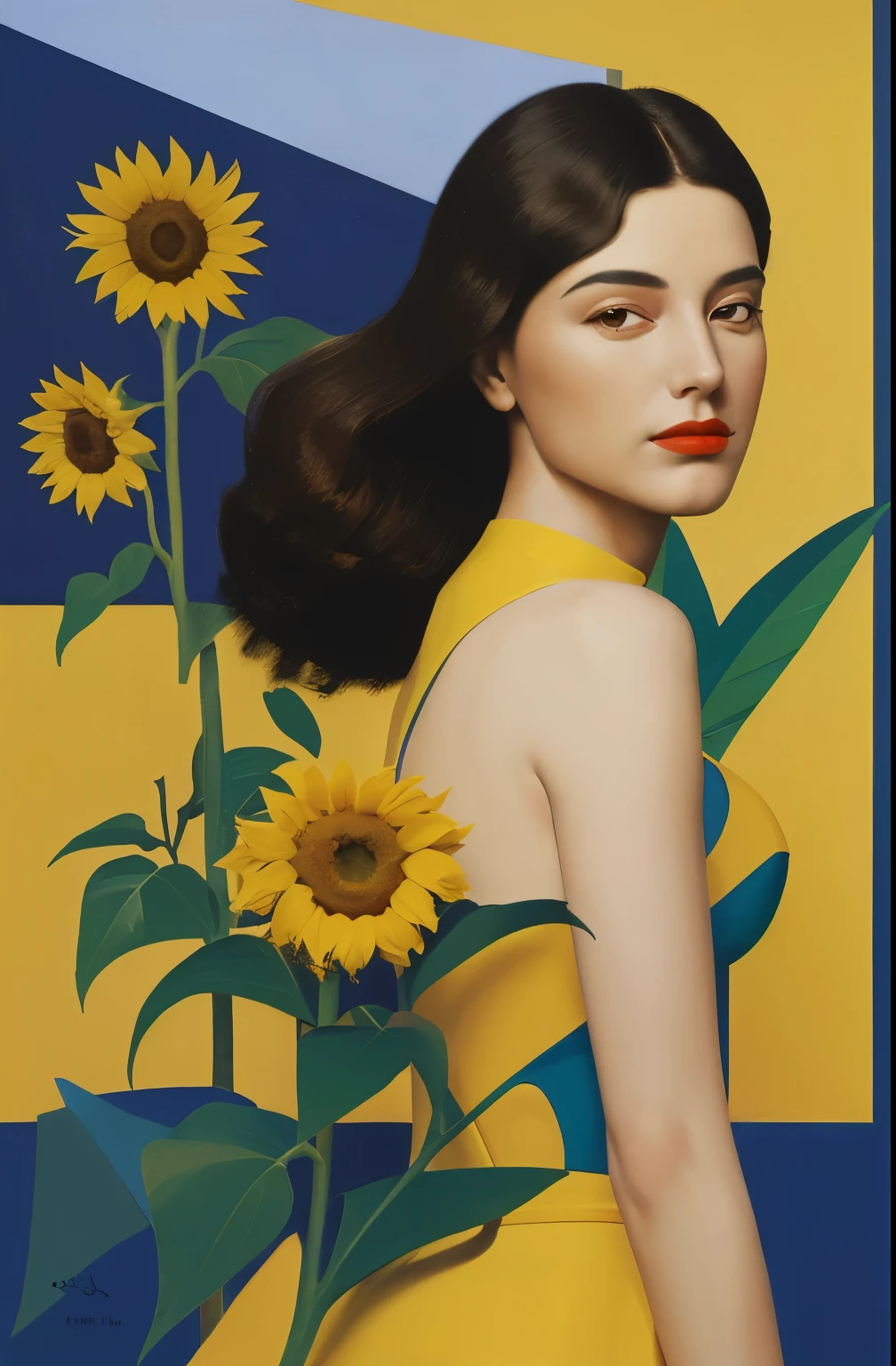 there is a woman standing in a field of sunflowers, kenton nelson, beautiful retro art, michael cheval (unreal engine, inspired by Stevan Dohanos, peter driben, anna dittmann alberto vargas, by Mario Bardi, inspired by Art Frahm, laurent durieux, by Juan O'Gorman, andrey remnev