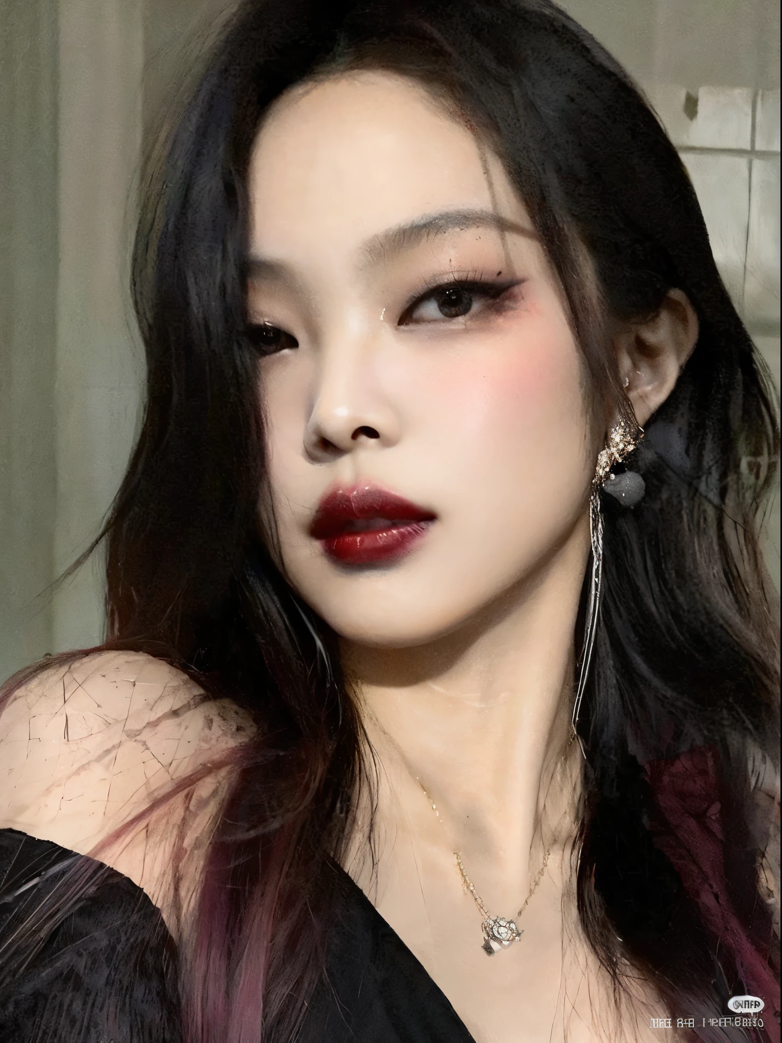 um close up de uma mulher com cabelos longos usando um vestido preto, Cruel Korean Goth Jennie, maquiagem sul-coreana popular, maquiagem coreana popular, rosto sexy com maquiagem completa, Jennie Kim, jennie blackpink, Mulher sul-coreana bonita, coreana, beautiful aesthetic face, with black glossy lips, Jennie Blackpink, goth girl aesthetic, with very thin lips, dark red lips