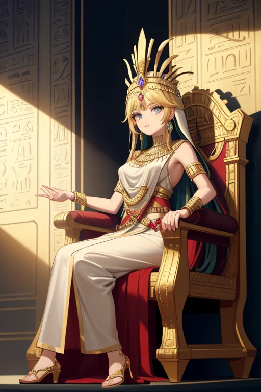 ((Highest quality)), ((masterpiece)), (detailed), （Perfect Face）、The woman is wearing the golden mask of Tutankhamun、The woman with the face of Tutankhamun in ancient Egypt is Asuna Yuuki with bright brown hair, semi-long hair, and a magnificent Tutankhamun face wearing a Tutankhamun hat. Her face is completely Tutankhamun and she is wearing clothes like Cleopatra.、The woman is dressed as Tutankhamun of ancient Egypt.、A woman sits on an ancient Egyptian throne and reigns with the golden face of Tutankhamun