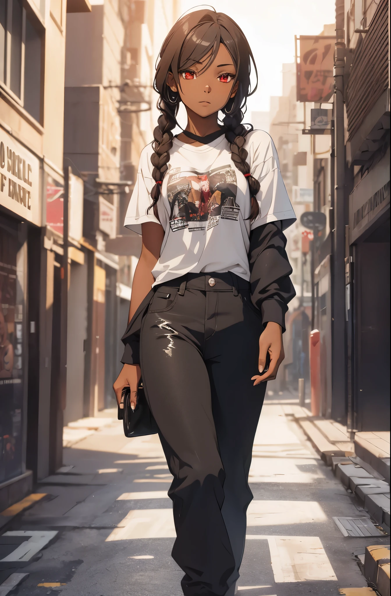 anime girl with long braids and red eyes, African American skin, black, brown skin, beautiful, model, 17 years old, wearing t shirt, pants, full body shot, walking, city background, 4k, masterpiece, official art , highly detailed, rtx, ray tracing