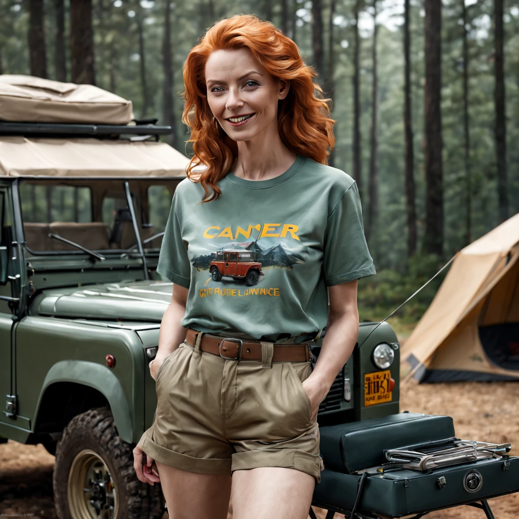 Create a cinematic image of a beautiful European woman ginger hair donning a pastel khaki flannel shirt and Land Rover t-shirt, khaki adventure short trouser, light laugh, sits on a camping chair beside her bespoke Landrover Defender with camping tent on it's roof, camping utensils, camping foods, detailed camping ground background, insanely detailed scene, a masterpiece photorealistic digital illustration of color comic maestro Don Lawrence, Trigan Empire Comic Style, octane render, octane lighting