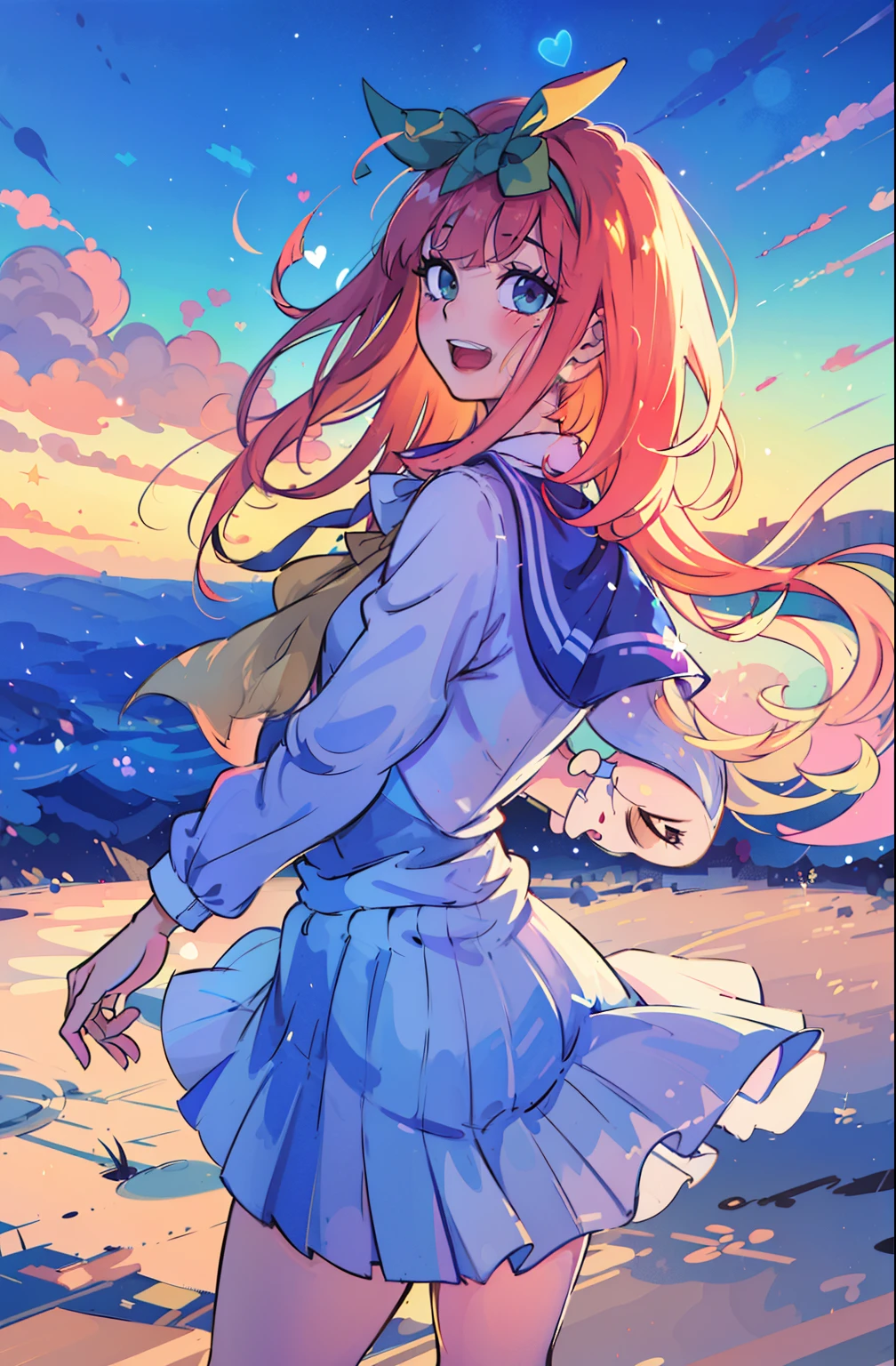 Cute as a dream、a pale, (masterpiece、top-quality、top-quality、watercolor paiting(Curly)、Official art、Beautifully Aesthetic:1.2)、colourfull、Hair spreads throughout、kawaii、pastels、summer, blue sky, white clouds, HD Detail, Ultra Detail, Movie, Soft Light, Deep Focus Bokeh, Ray Tracing, --niji 5. crystal, fantasy, galaxy, transparent, shimmering, sparkling, splendid, colorful, magical photography, dramatic lighting, Heart, iridescent, cute, crystal, love, blushing, sweet expression, blue sky, iridescent clouds, pastels, dark starry sky, (1 girl), (solo), Wallpapers, poster HD, Soft Light, Deep Focus Bokeh, Ray Tracing, --niji 5 Summer, Sketch, Iris: 1.2), , sfw, a cute face, laughing, aayotsuba, Nakano Yotsuba from The Quintessential Quintuplets, masterpiece, 4k, ultradetailed, cowboy shot, nakano yotsuba, shoulder length staight hair, sparkling eyes, hair bow ribbon, green bowtie, sleeveless sweater, collared white shirt, pleated skirt, school uniform, laughing happily, neat lineart, cute, tender, lovely, cozy, sweet