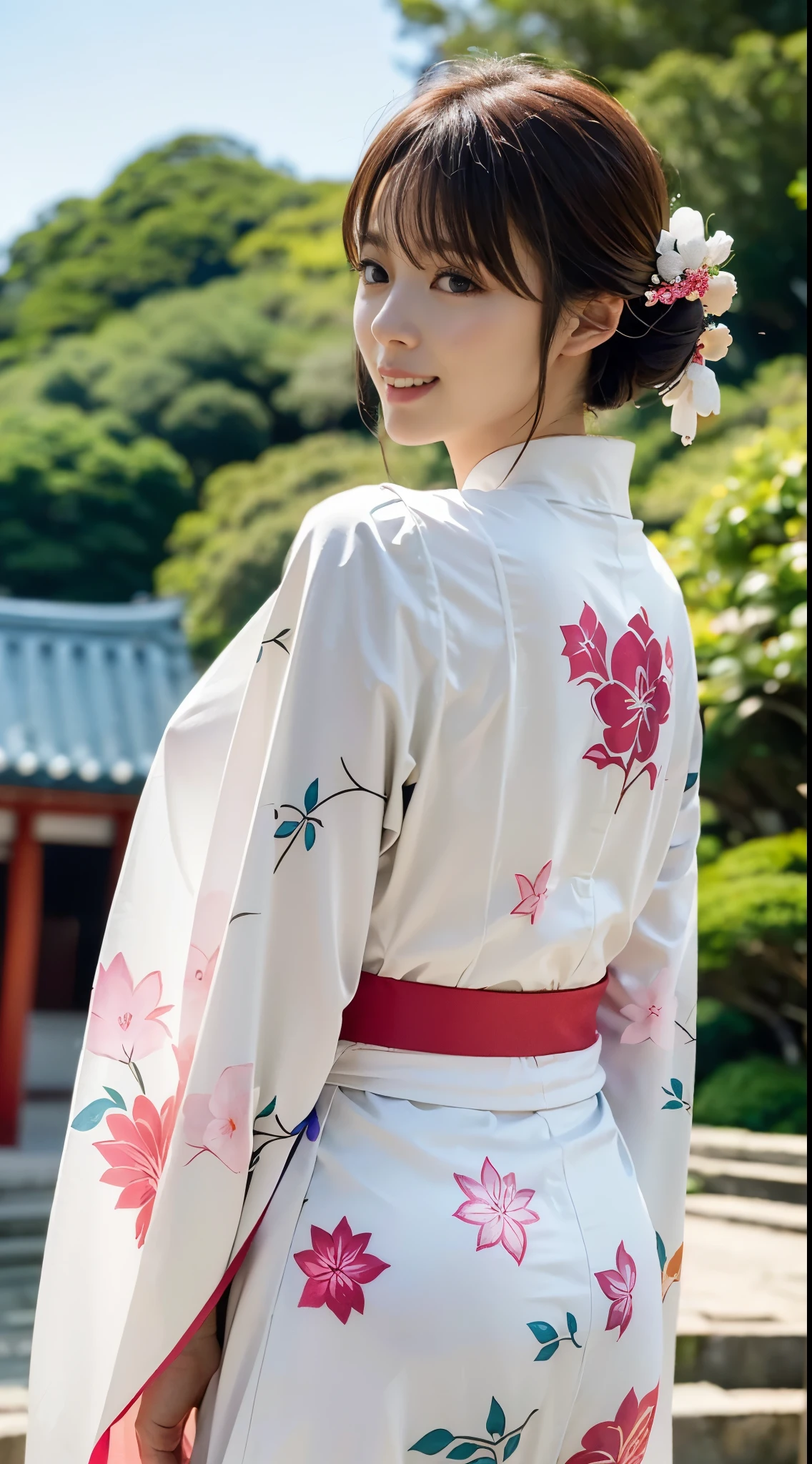 (((A beautiful woman wearing a long-sleeved kimono and visiting a shrine))),(((Gravure idols who look good in Japanese clothes))),(((masutepiece:1.6))),(((ulzzang-6500))),(((perfect anatomia:1.6))),(((Deep depth of field with Hasselblad))),(((Sexy waist))),​masterpiece,top-quality,超A high resolution,High detailed portrait,(photographrealistic:1.4),(((High nose and chiseled beautiful face))),(((Long limbs like a model))),The fair-skinned nape of the neck is dazzling,(((She is wearing beautiful formal Japanese clothing that shows off her body lines.))),Raise your chin and look up at the sky,((Full body shooting from behind)),Cute 20 years old, Her long glossy chestnut hair is tied up and the nape of her neck is sexy.,((Proud F cup beautiful breasts )),(I can&#39;t get enough of my waistline),(Famous popular actresses of Japan),(Look over your shoulder and smile with the corners of your mouth and eyebrows raised),A detailed eye,((Gravure photoshoot at a shrine with an elegant atmosphere full of trees)),((Gaze staring at the sky,long lashes,big eye,Distinct double eyelids,((shiny thick lips)),(((perfect anatomia:1.4))),