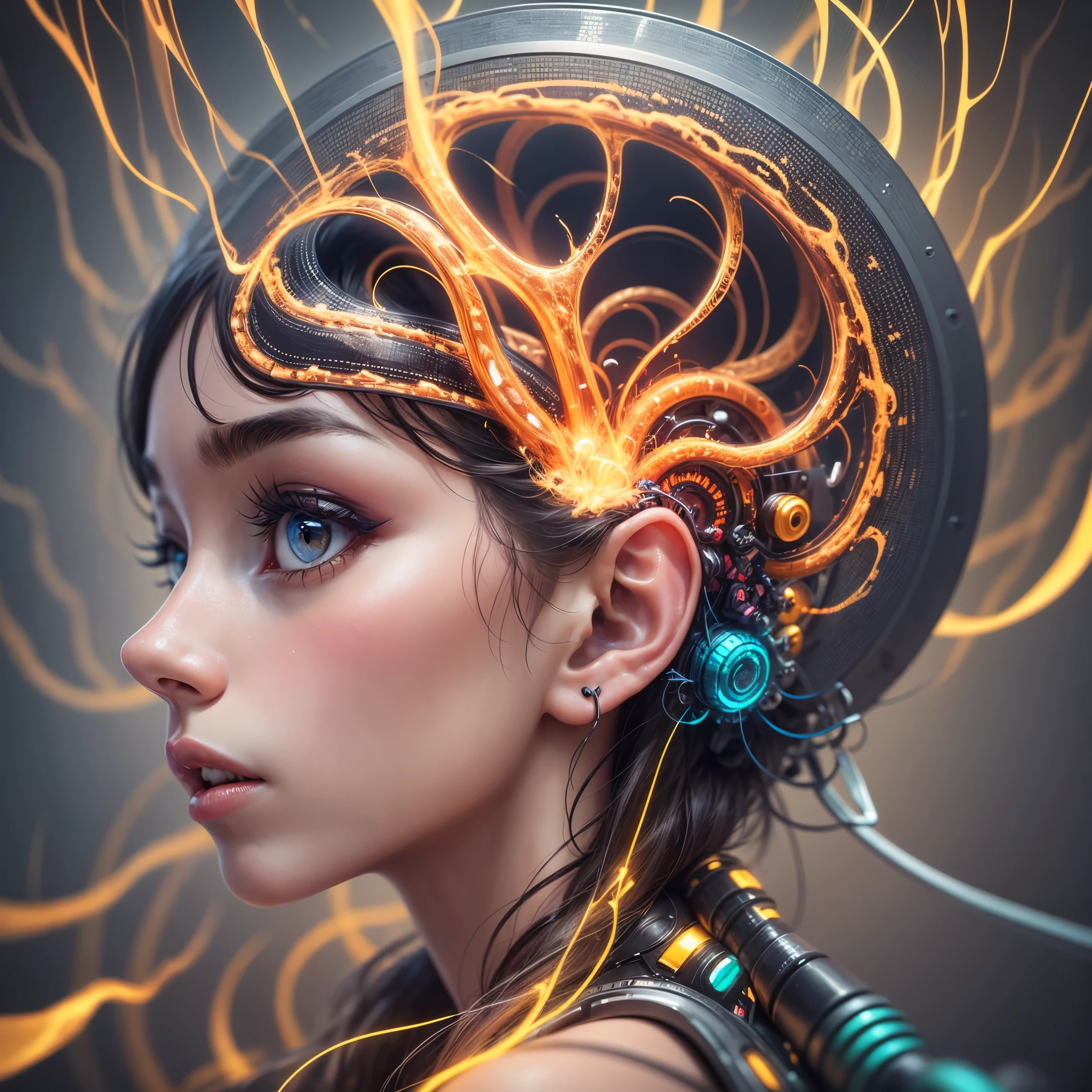 a close up of a human head with a brain and multiple wires, a digital rendering by Bryan Organ, pexels, digital art, visible nervous , medical depiction, neuroscience, hyperrealistic anatomy content, nerve , nervoain visible, hyperrealistic anatomy, nerves, circuitry visible in head, brain anatomy, human brain, neural, brain interface --auto --s2