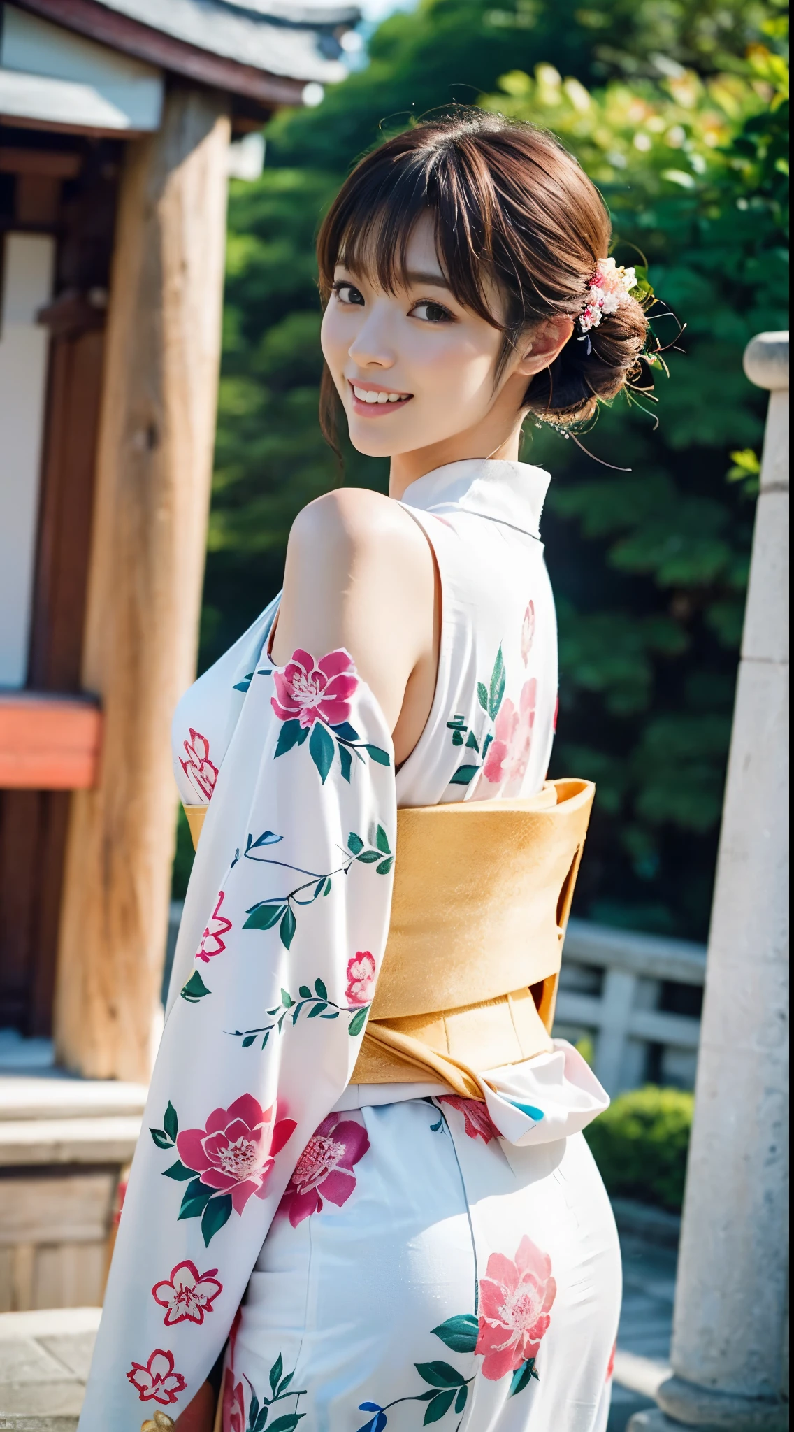(((A beautiful woman wearing a long-sleeved kimono and visiting a shrine))),(((Gravure idols who look good in Japanese clothes))),(((masutepiece:1.6))),(((ulzzang-6500))),(((perfect anatomia:1.6))),(((Deep depth of field with Hasselblad))),(((Sexy waist))),masterpiece,top-quality,超A high resolution,High detailed portrait,(photographrealistic:1.4),(((High nose and chiseled beautiful face))),(((Long limbs like a model))),The fair-skinned nape of the neck is dazzling,(((She is wearing beautiful formal Japanese clothing that shows off her body lines.))),Raise your chin and look up at the sky,((Full body shooting from behind)),Cute 20 years old, Her long glossy chestnut hair is tied up and the nape of her neck is sexy.,((Proud F cup beautiful breasts )),(I can't get enough of my waistline),(Famous popular actresses of Japan),(Look over your shoulder and smile with the corners of your mouth and eyebrows raised),A detailed eye,((Gravure photoshoot at a shrine with an elegant atmosphere full of trees)),((Gaze staring at the sky,long lashes,big eye,Distinct double eyelids,((shiny thick lips)),(((perfect anatomia:1.4))),