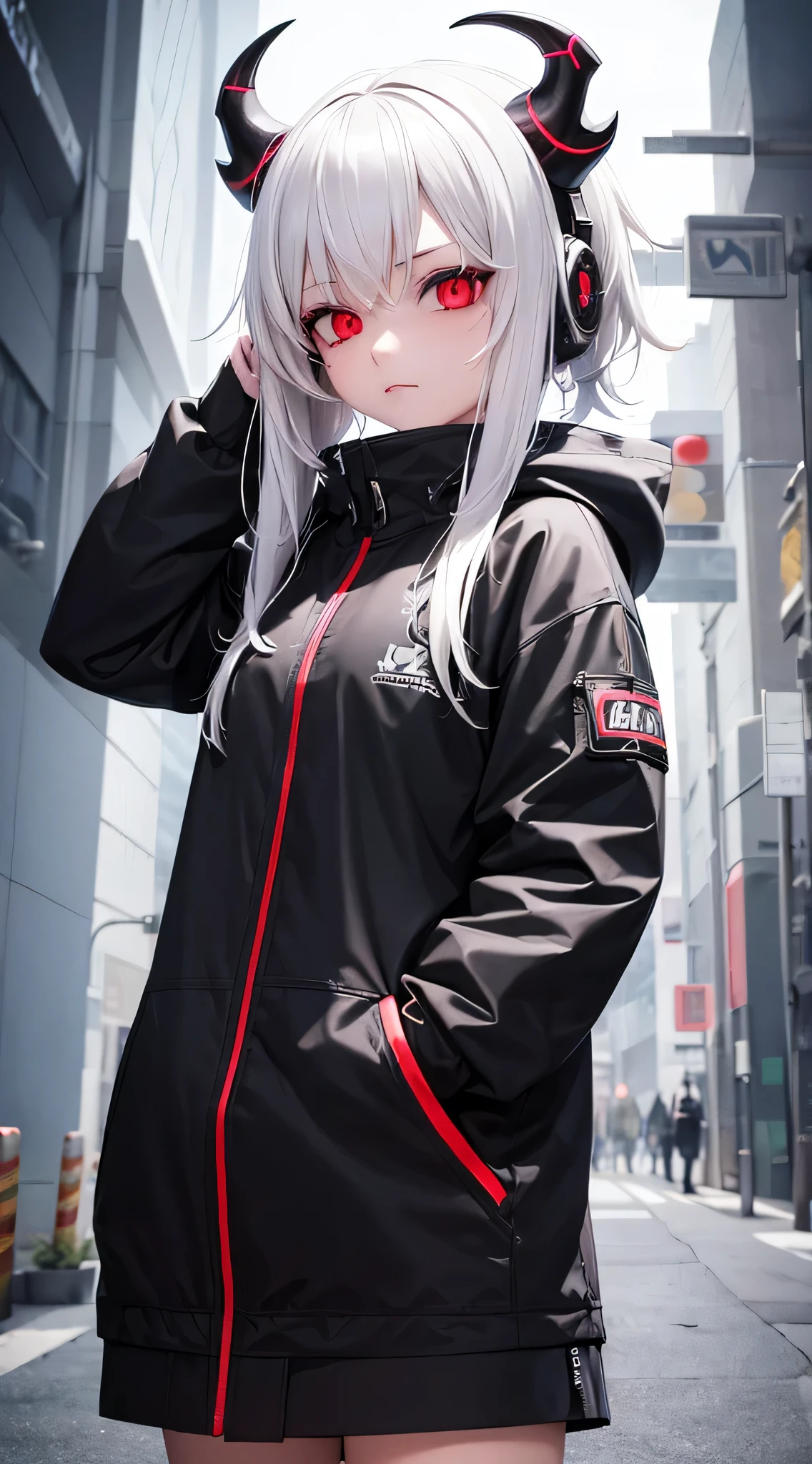 1 girl, white hair, oversized black hoodie, cyber daemon, loli, cyberpunk, ((cyber horns)), red eyes, cyberware, dreamy cyberpunk girl, cyberpunk art ultrarealistic,